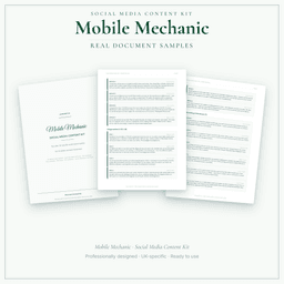Mobile Mechanic — Social Media Content Kit, PDF and editable DOCX sample pages