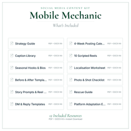 Mobile Mechanic — Social Media Content Kit, PDF and editable DOCX what's included preview