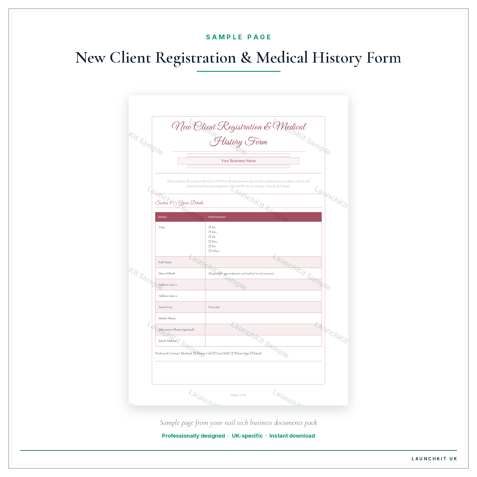 New Client Registration & Medical History Form sample page from the Nail Tech Business Documents — Premium pack — watermarked LaunchKit Sample