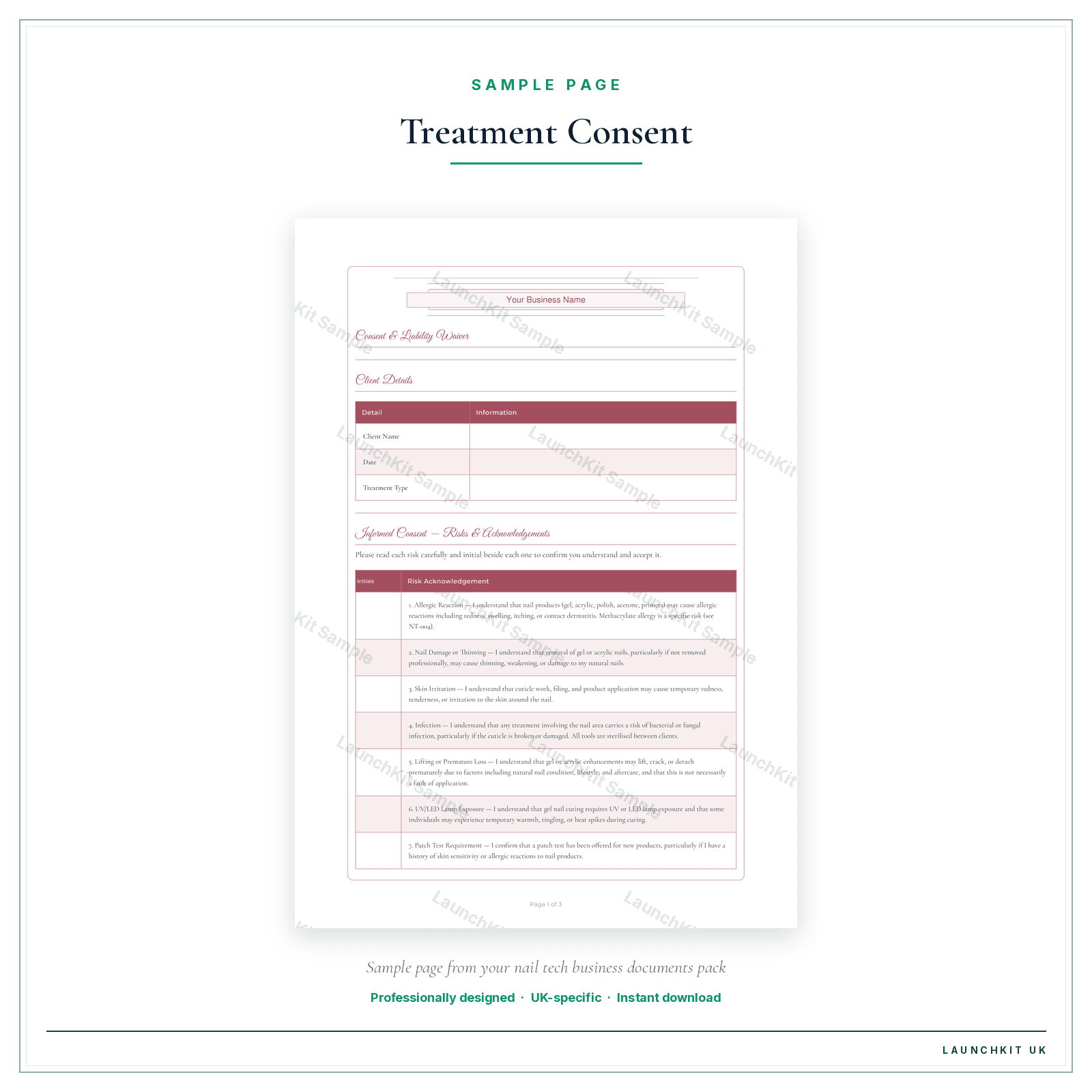 Treatment Consent sample page from the Nail Tech Business Documents — Premium pack — watermarked LaunchKit Sample