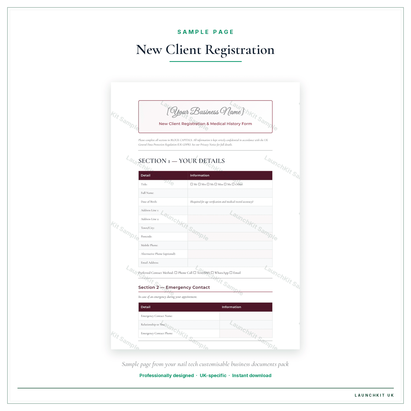 New Client Registration & Medical History Form sample page from the Nail Tech Business Documents — Customisable pack — watermarked LaunchKit Sample