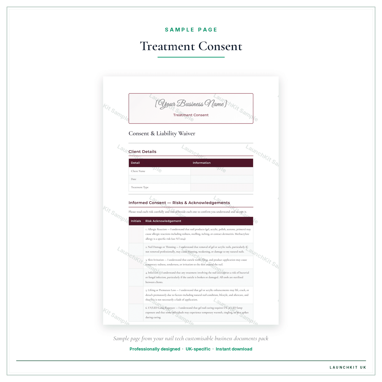Treatment Consent sample page from the Nail Tech Business Documents — Customisable pack — watermarked LaunchKit Sample