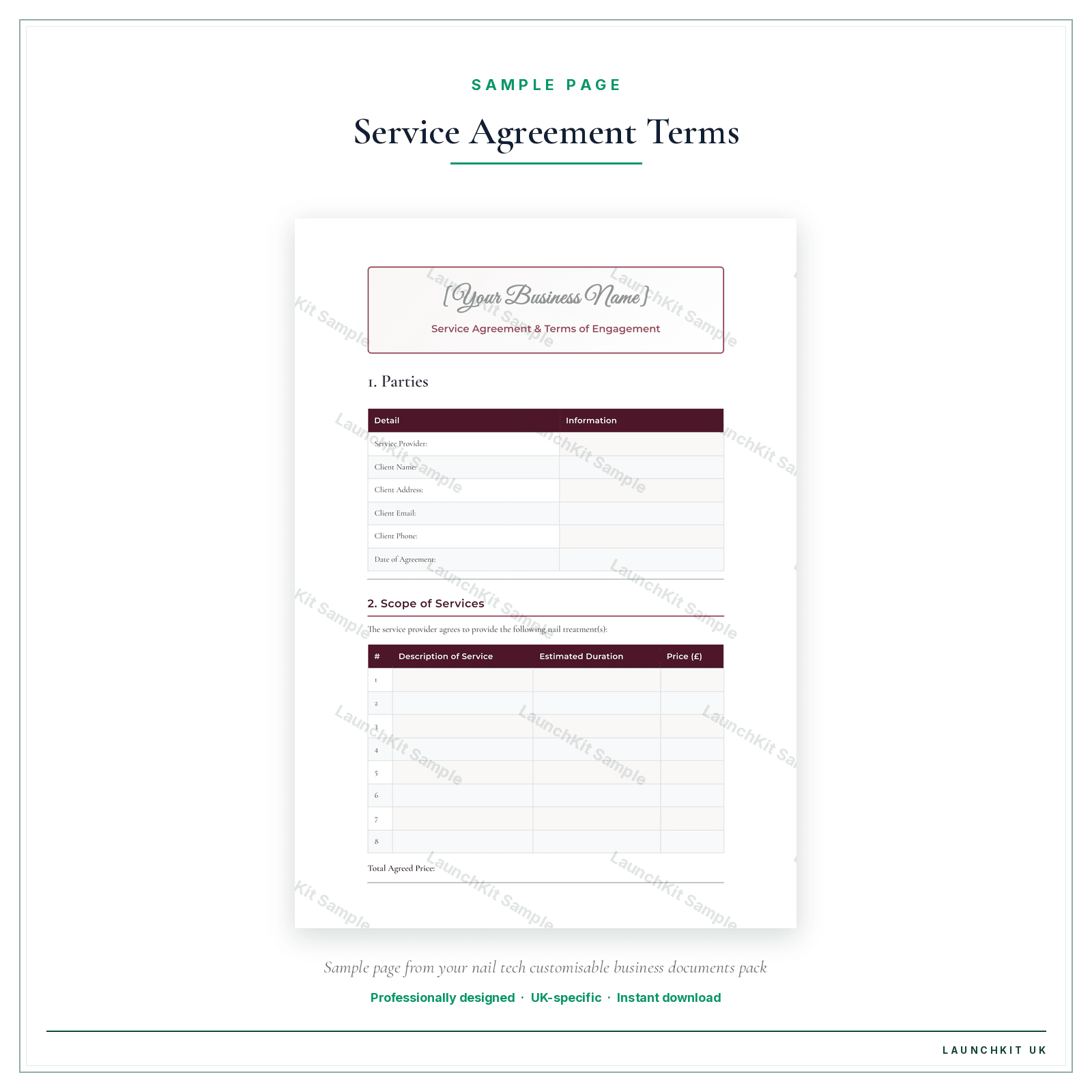 Service Agreement & Terms of Engagement sample page from the Nail Tech Business Documents — Customisable pack — watermarked LaunchKit Sample