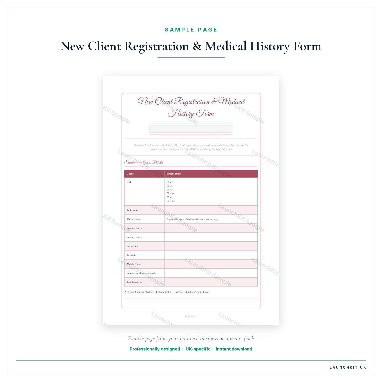 New Client Registration & Medical History Form sample page from the Nail Tech Business Documents — Essential pack — watermarked LaunchKit Sample