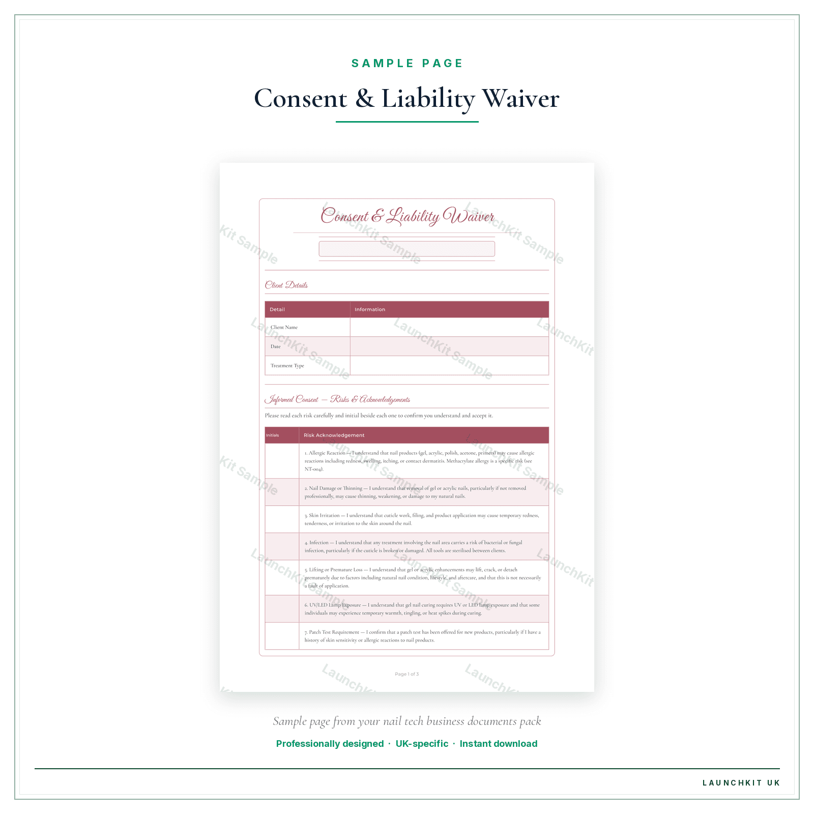 Treatment Consent sample page from the Nail Tech Business Documents — Essential pack — watermarked LaunchKit Sample