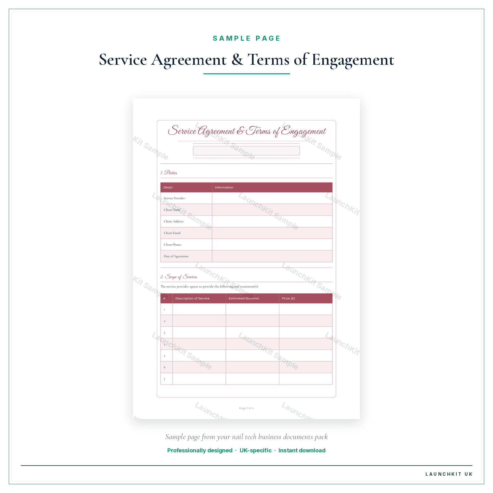 Service Agreement & Terms of Engagement sample page from the Nail Tech Business Documents — Essential pack — watermarked LaunchKit Sample