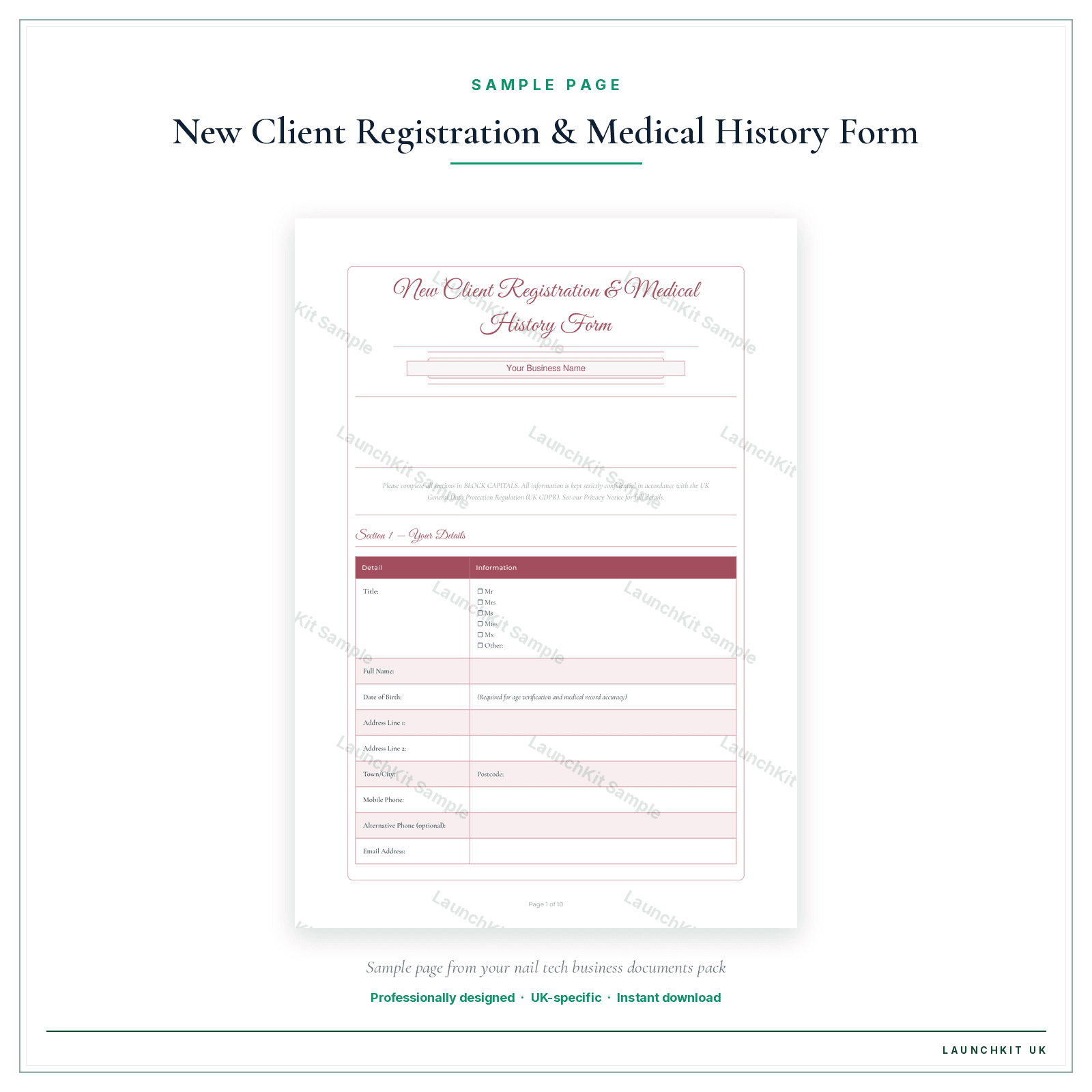 New Client Registration & Medical History Form sample page from the Nail Tech Business Documents — Standard pack — watermarked LaunchKit Sample