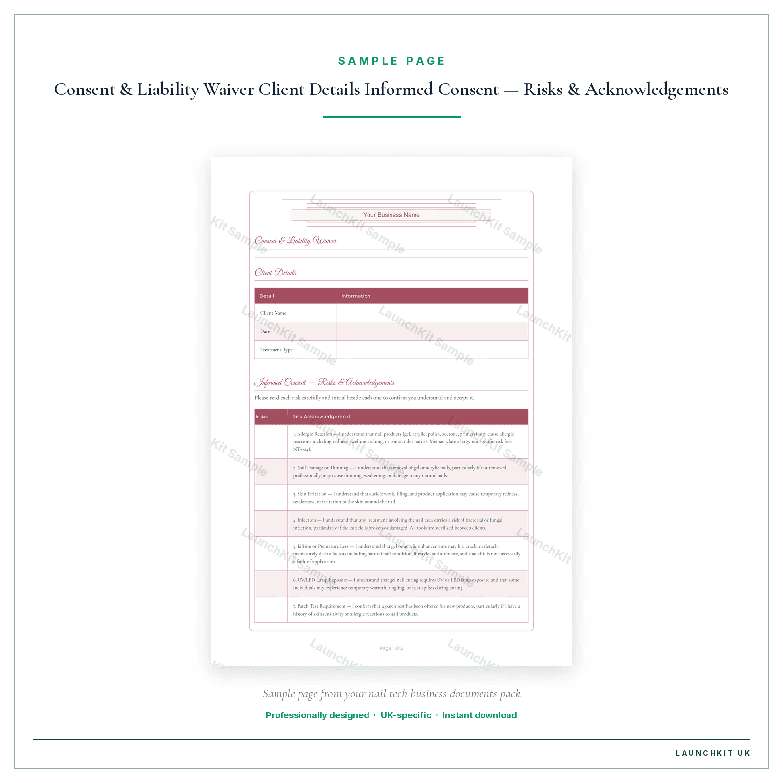Treatment Consent sample page from the Nail Tech Business Documents — Standard pack — watermarked LaunchKit Sample