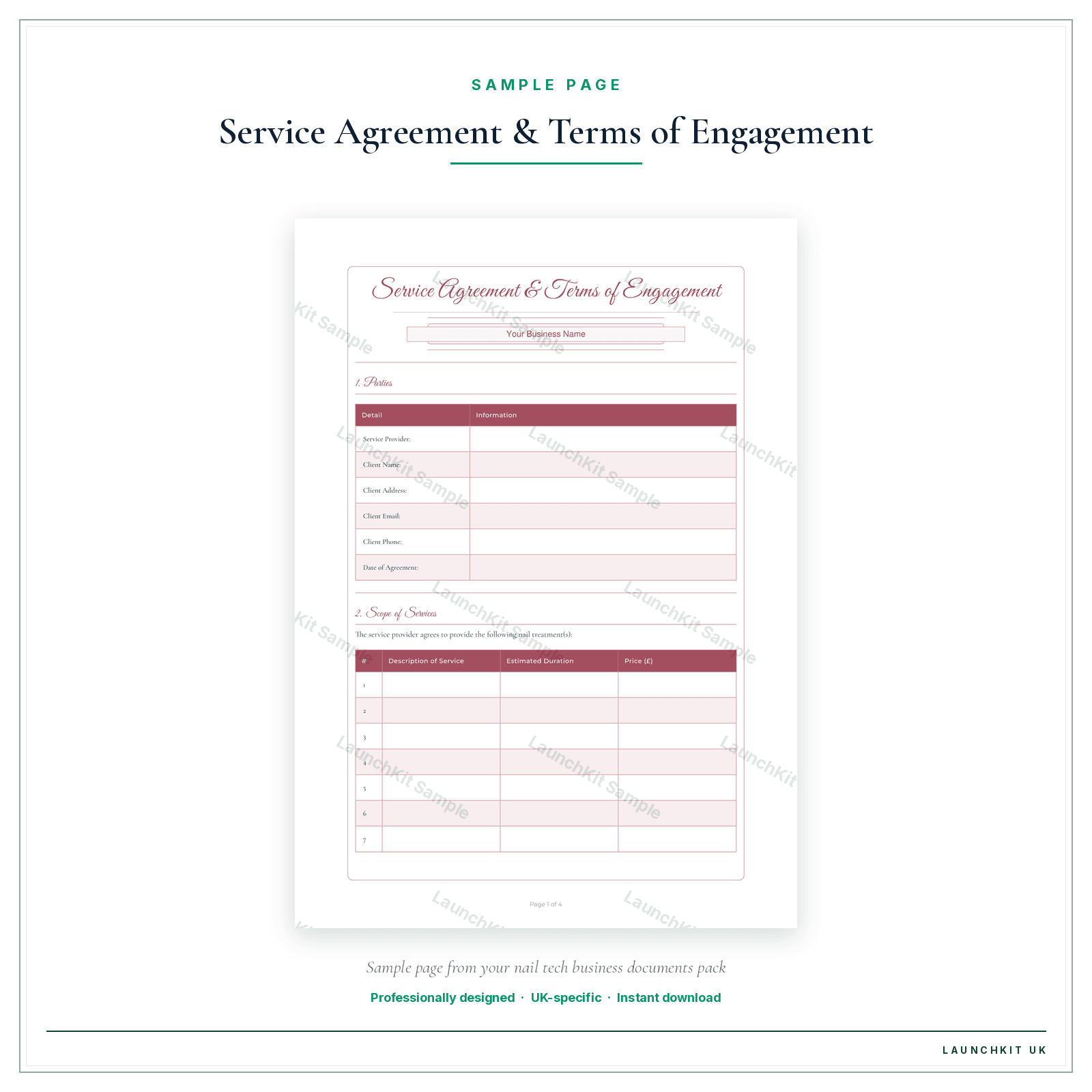 Service Agreement & Terms of Engagement sample page from the Nail Tech Business Documents — Standard pack — watermarked LaunchKit Sample