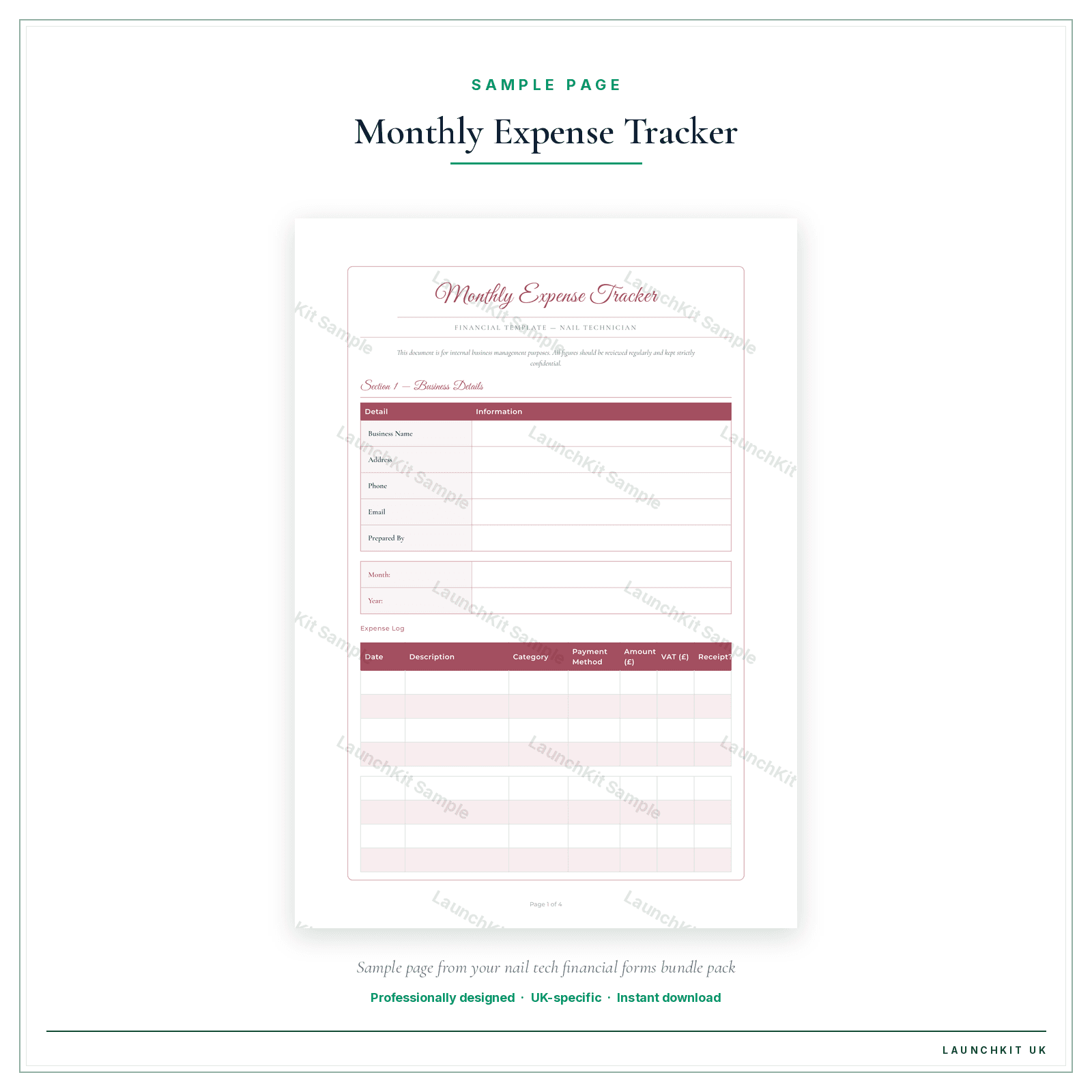 Monthly Expense Tracker sample page from the Nail Tech Financial Forms Bundle — Premium pack — watermarked LaunchKit Sample
