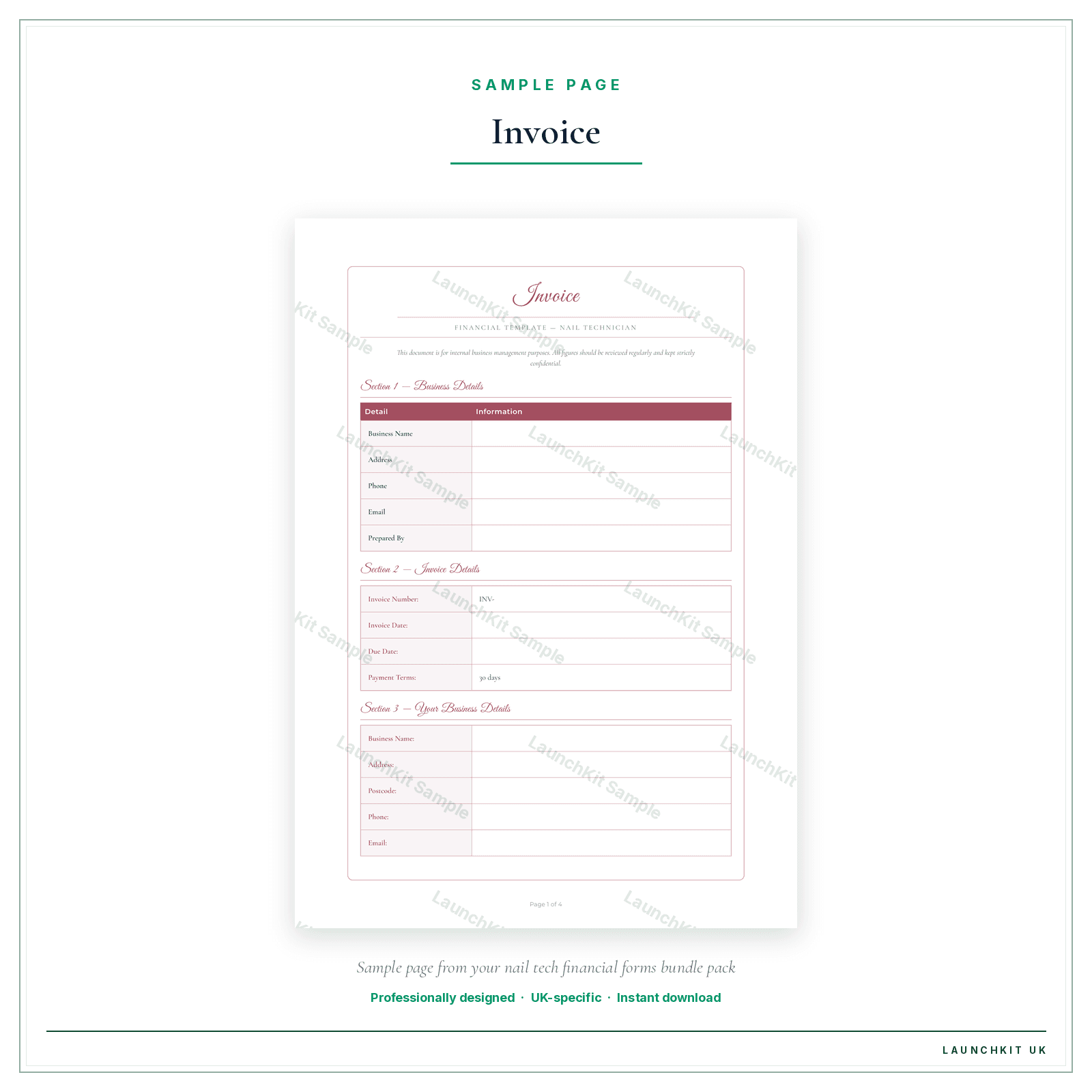 Invoice sample page from the Nail Tech Financial Forms Bundle — Premium pack — watermarked LaunchKit Sample