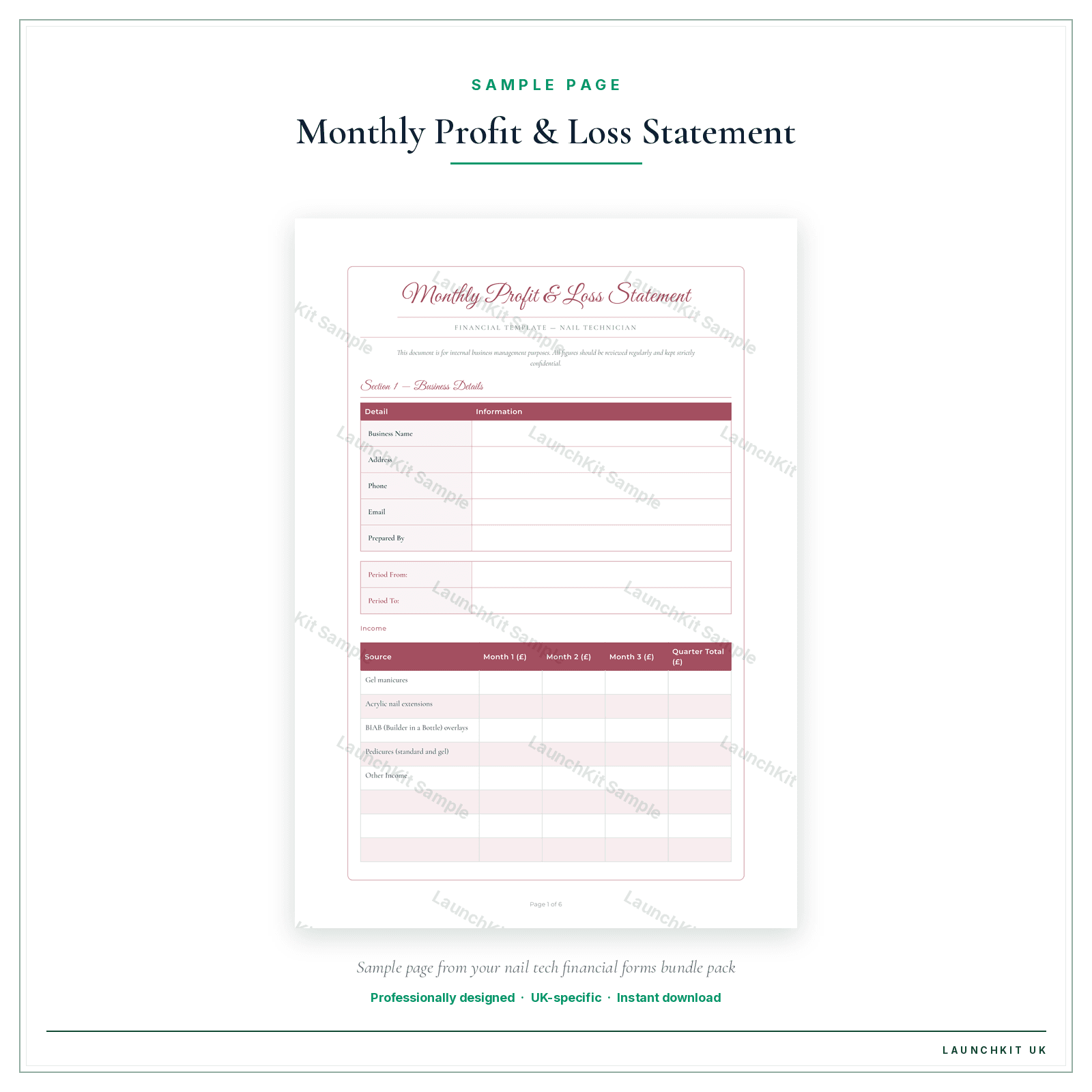 Monthly Profit & Loss Statement sample page from the Nail Tech Financial Forms Bundle — Premium pack — watermarked LaunchKit Sample