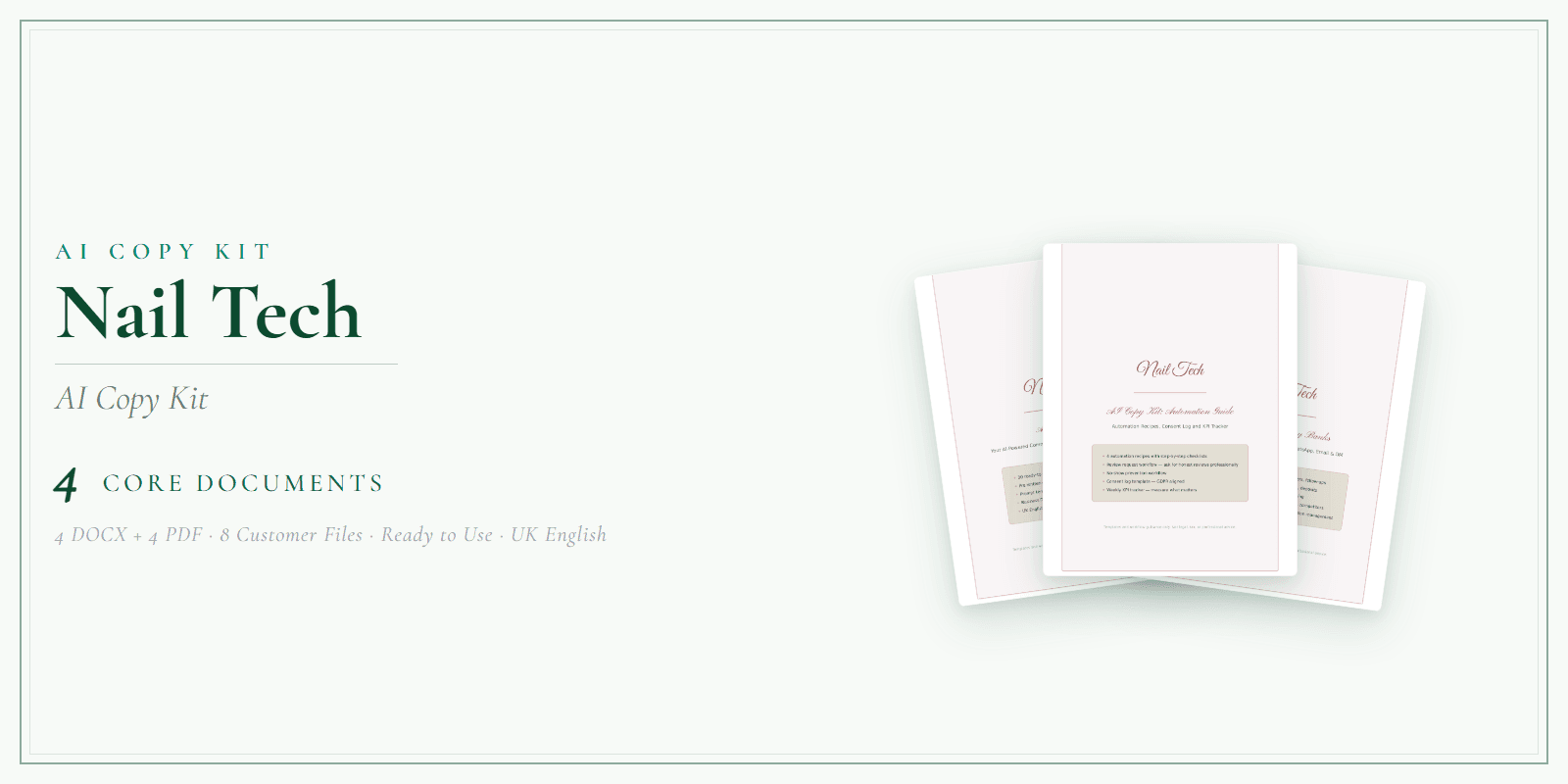 Nail Tech — AI Copy Kit, PDF and editable DOCX product overview