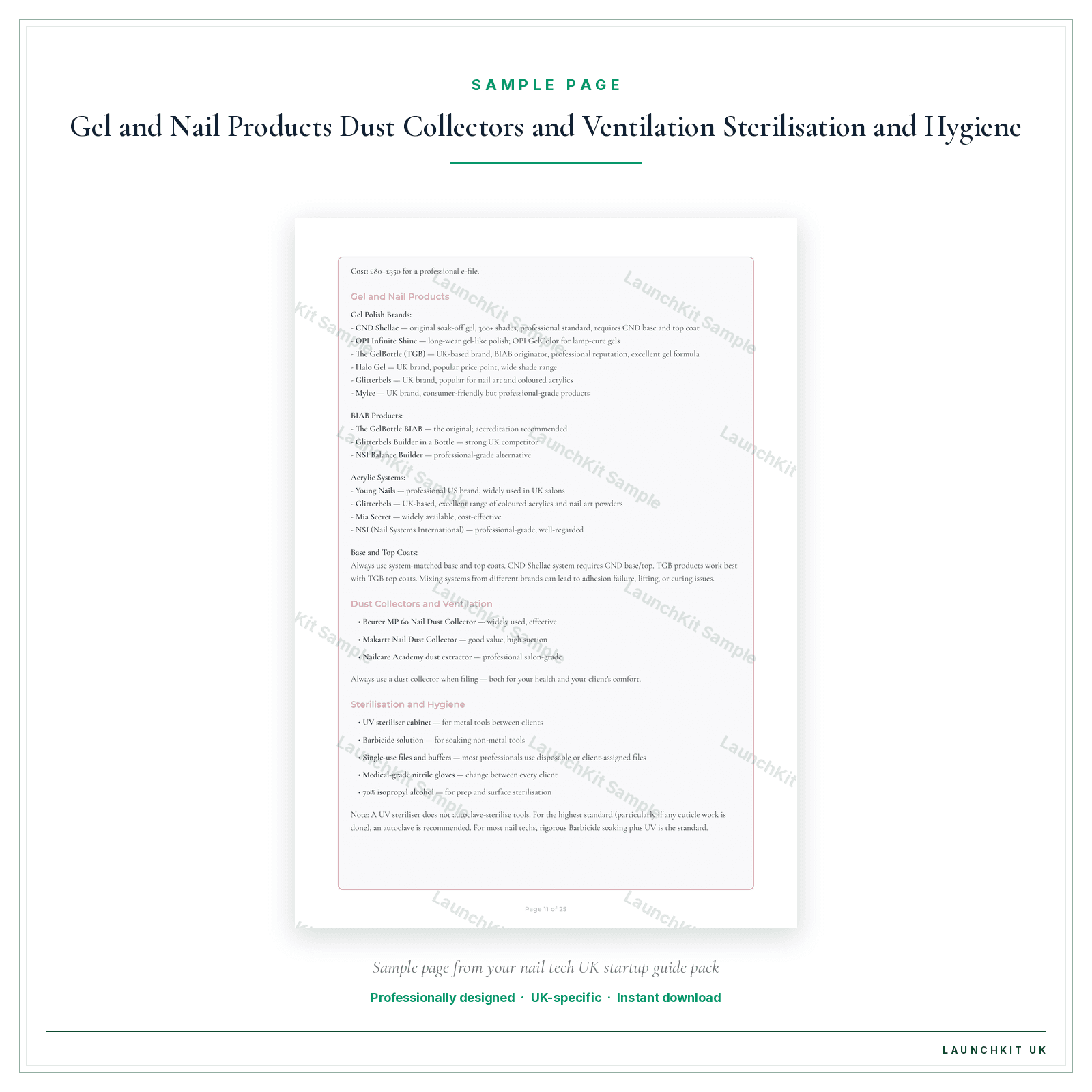 Gel and Nail Products Dust Collectors and Ventilation Sterilisation and Hygiene sample page from the Nail Tech Startup Guide pack — watermarked LaunchKit Sample