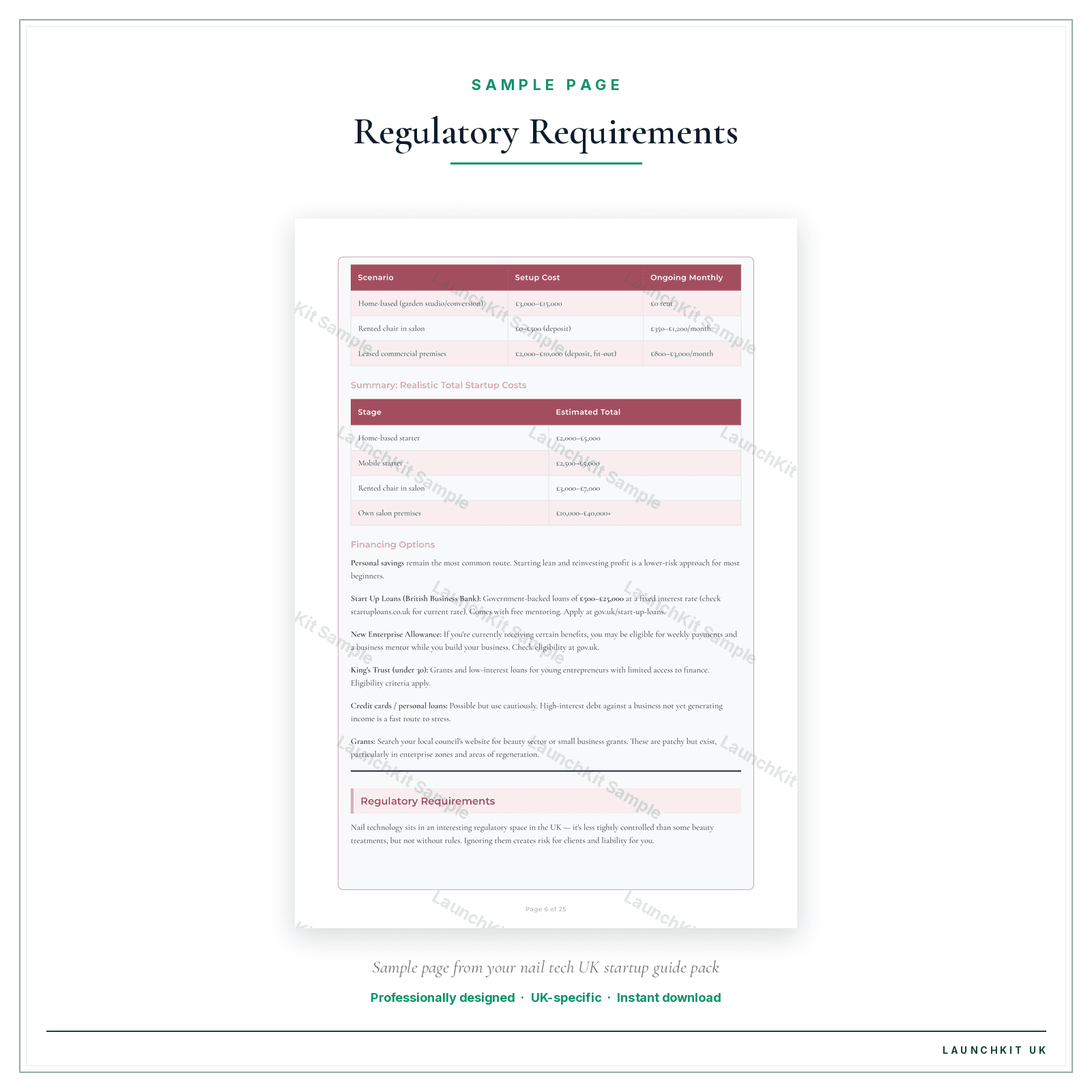 Regulatory Requirements sample page from the Nail Tech Startup Guide pack — watermarked LaunchKit Sample