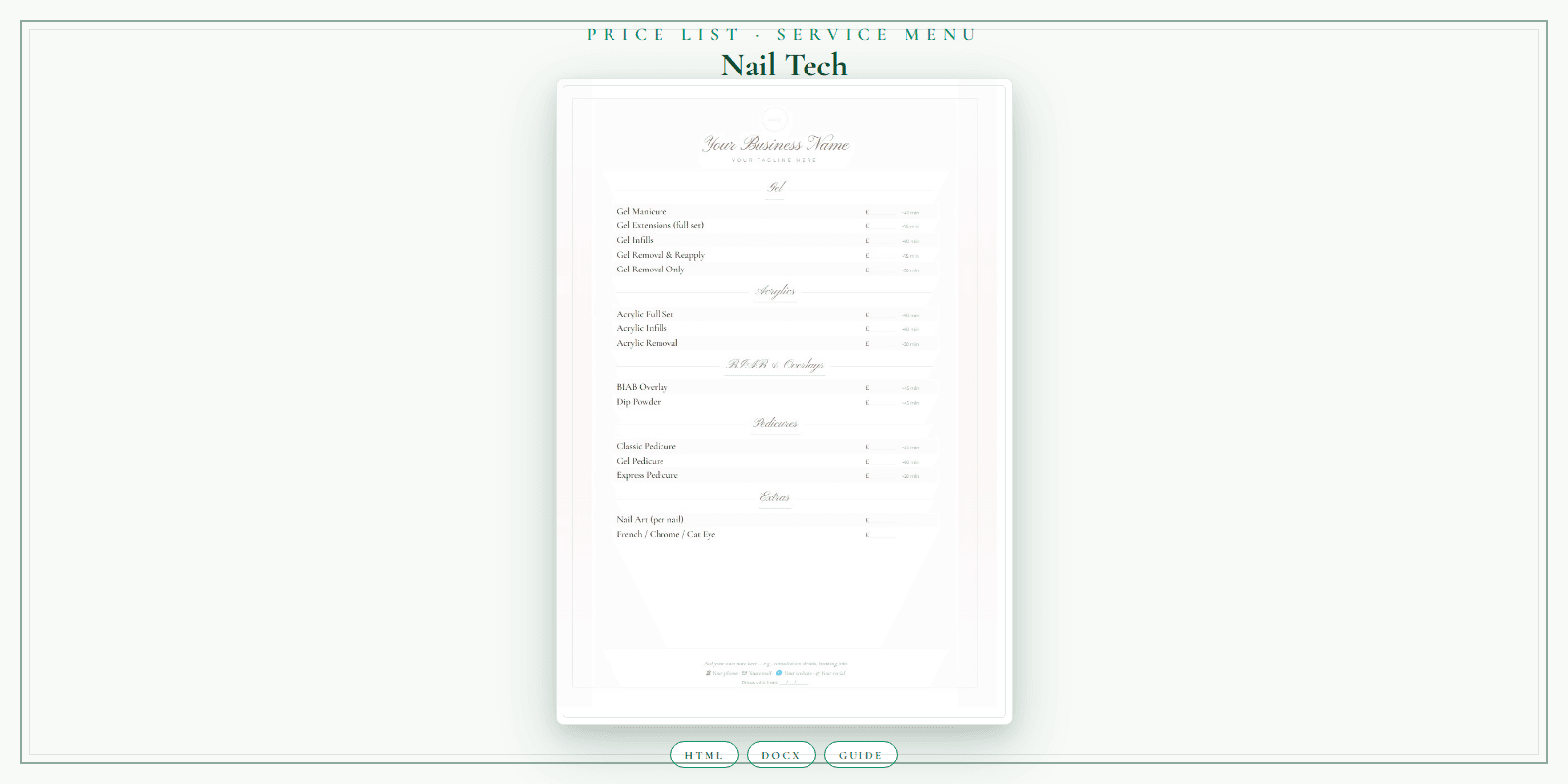 Nail Tech — Price List & Service Menu, PDF product overview