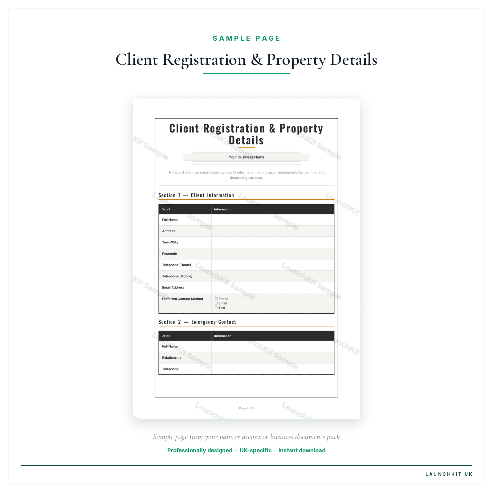 Client Registration & Property Details sample page from the Painter Decorator Business Documents — Premium pack — watermarked LaunchKit Sample