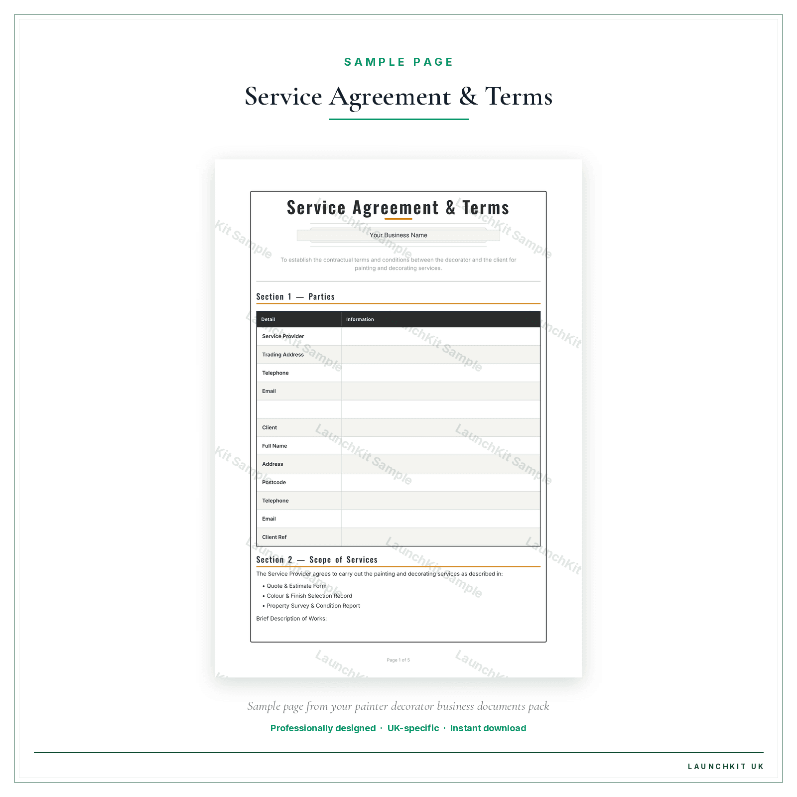 Service Agreement & Terms sample page from the Painter Decorator Business Documents — Premium pack — watermarked LaunchKit Sample