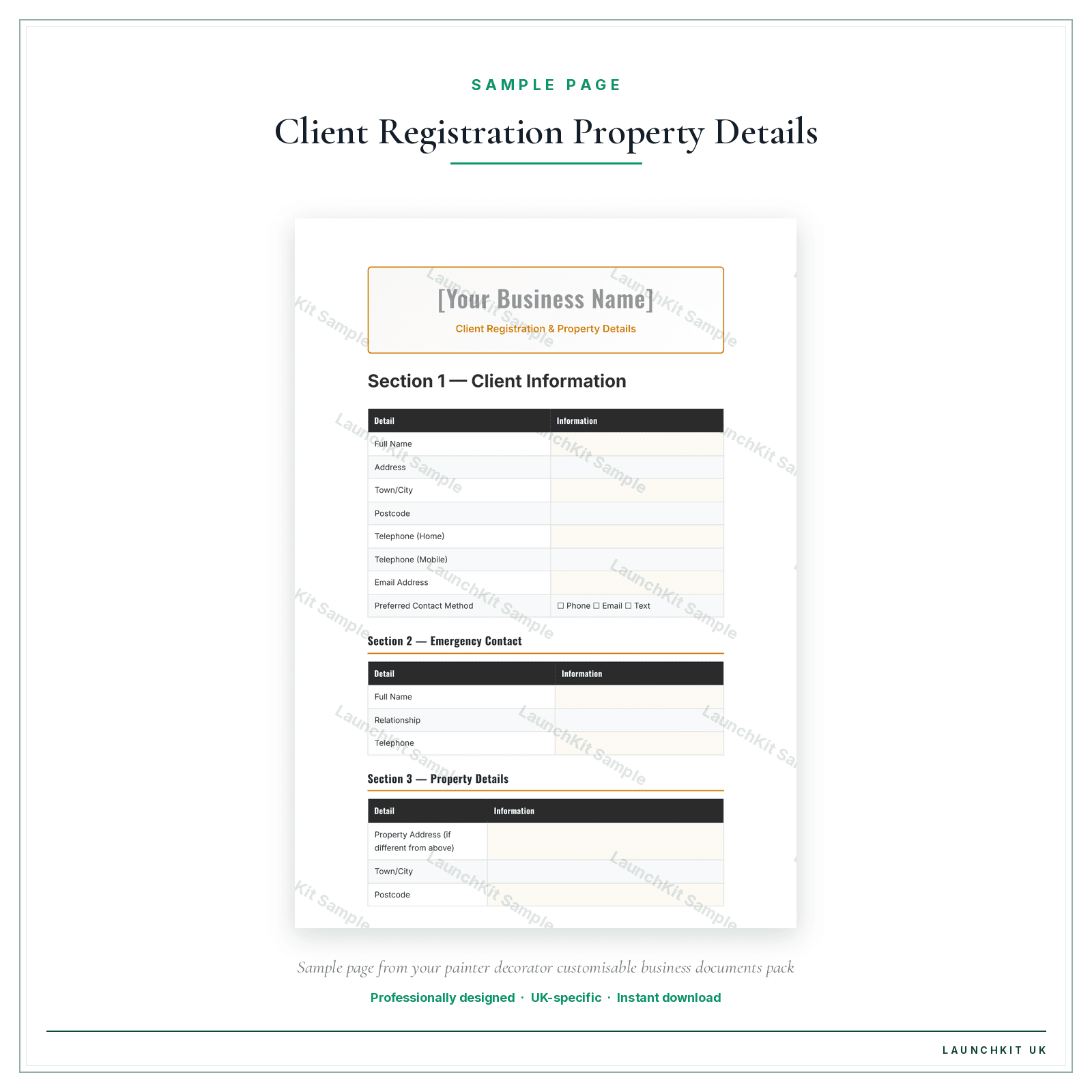 Client Registration & Property Details sample page from the Painter Decorator Business Documents — Customisable pack — watermarked LaunchKit Sample