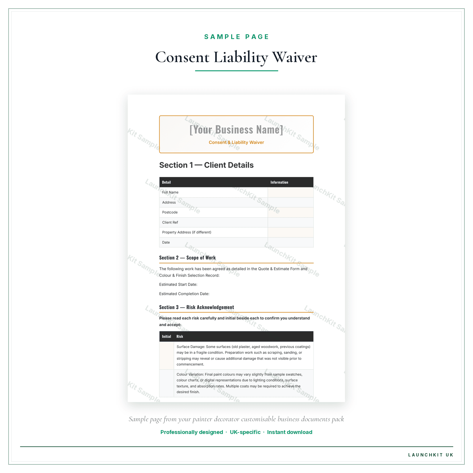 Consent & Liability Waiver sample page from the Painter Decorator Business Documents — Customisable pack — watermarked LaunchKit Sample
