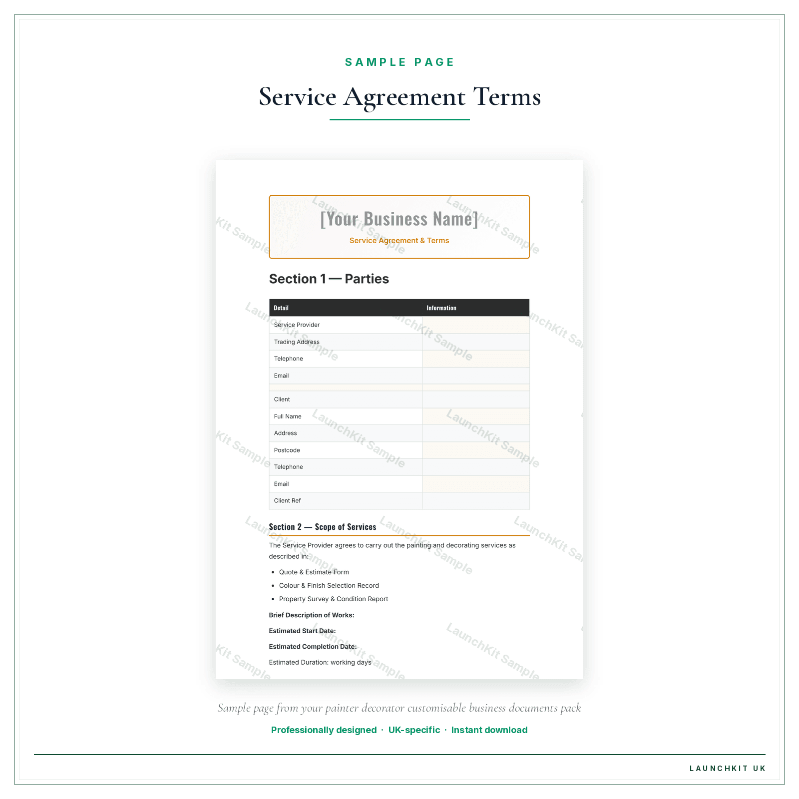 Service Agreement & Terms sample page from the Painter Decorator Business Documents — Customisable pack — watermarked LaunchKit Sample