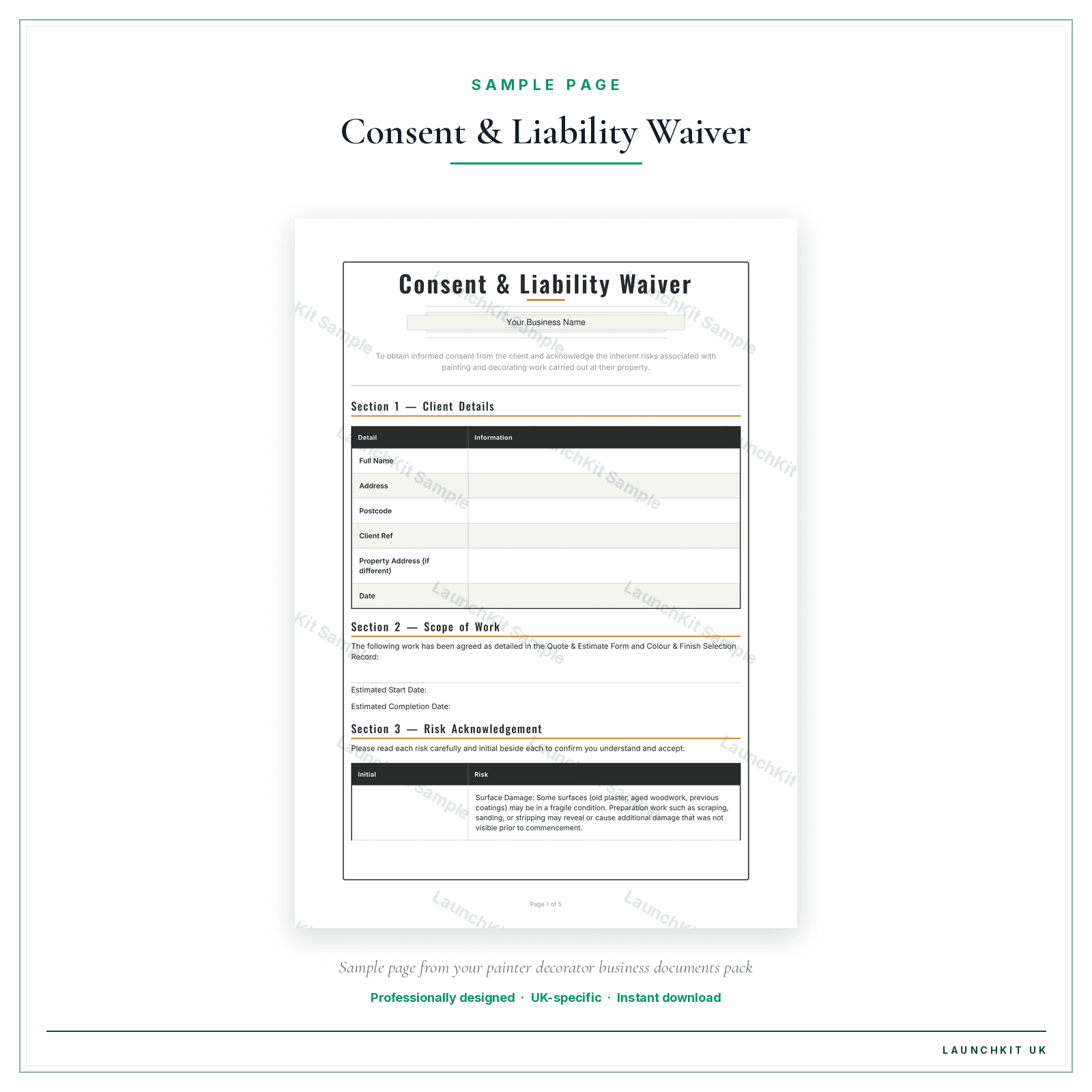 Consent & Liability Waiver sample page from the Painter Decorator Business Documents — Standard pack — watermarked LaunchKit Sample