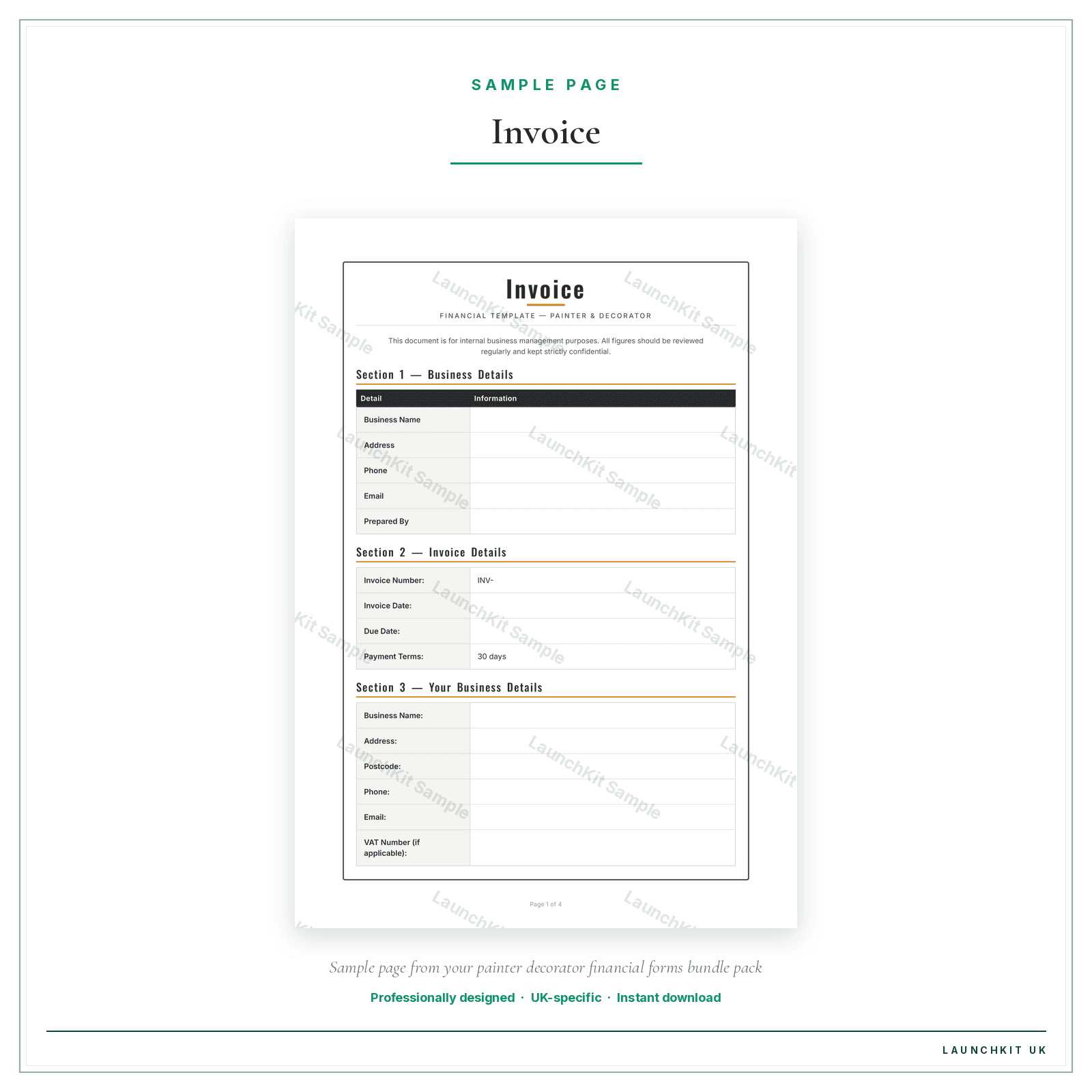 Invoice sample page from the Painter Decorator Financial Forms Bundle — Premium pack — watermarked LaunchKit Sample