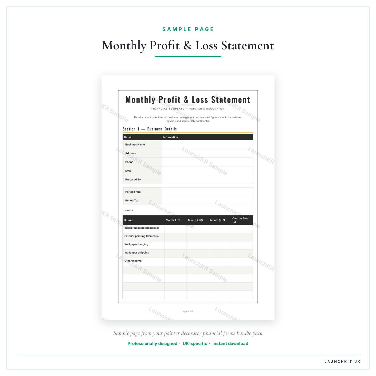 Monthly Profit & Loss Statement sample page from the Painter Decorator Financial Forms Bundle — Premium pack — watermarked LaunchKit Sample