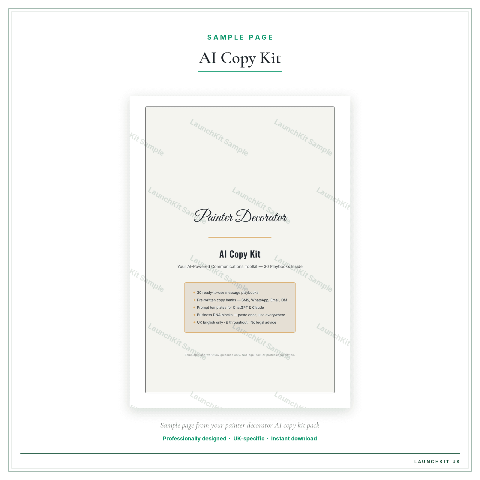 AI Copy Kit sample page from the Painter Decorator AI Copy Kit pack — watermarked LaunchKit Sample