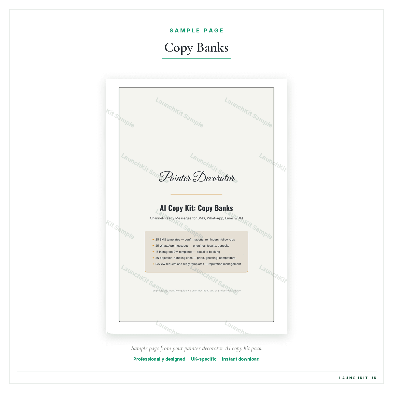 Copy Banks sample page from the Painter Decorator AI Copy Kit pack — watermarked LaunchKit Sample