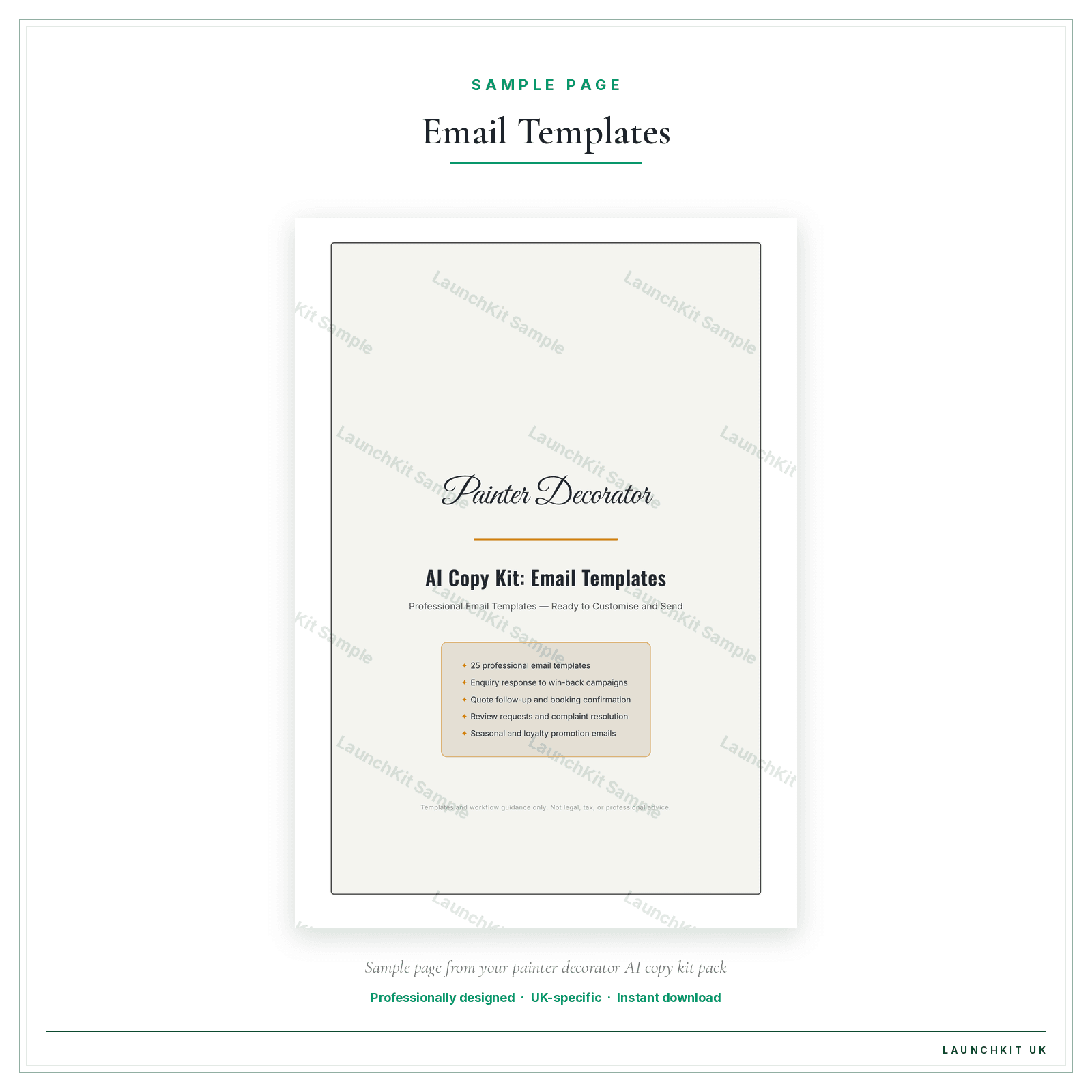 Email Templates sample page from the Painter Decorator AI Copy Kit pack — watermarked LaunchKit Sample