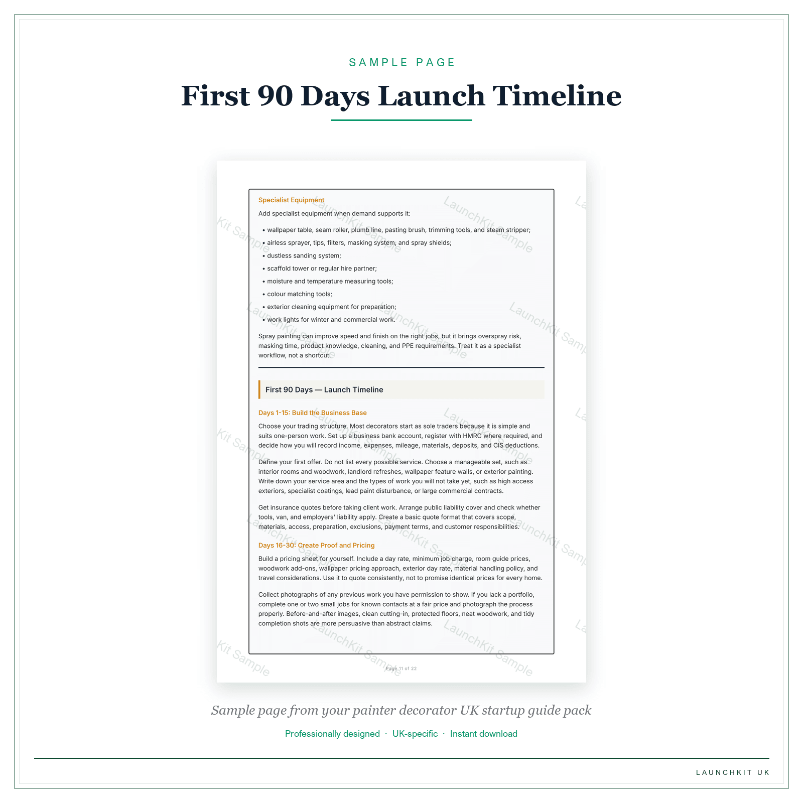 First 90 Days Launch Timeline sample page from the Painter Decorator Startup Guide pack — watermarked LaunchKit Sample