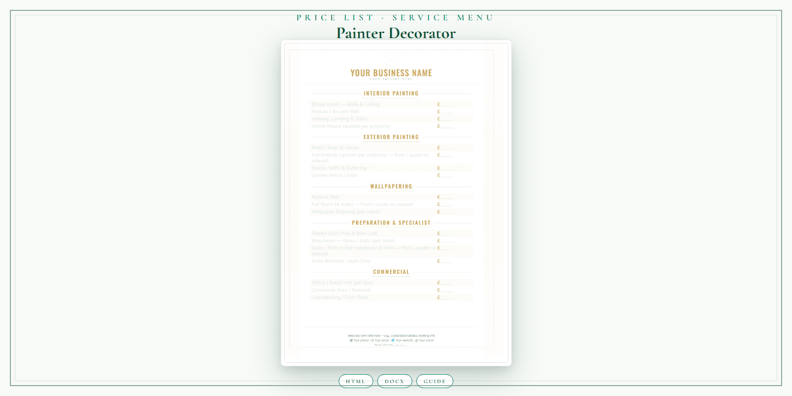 Painter Decorator — Price List & Service Menu, PDF product overview