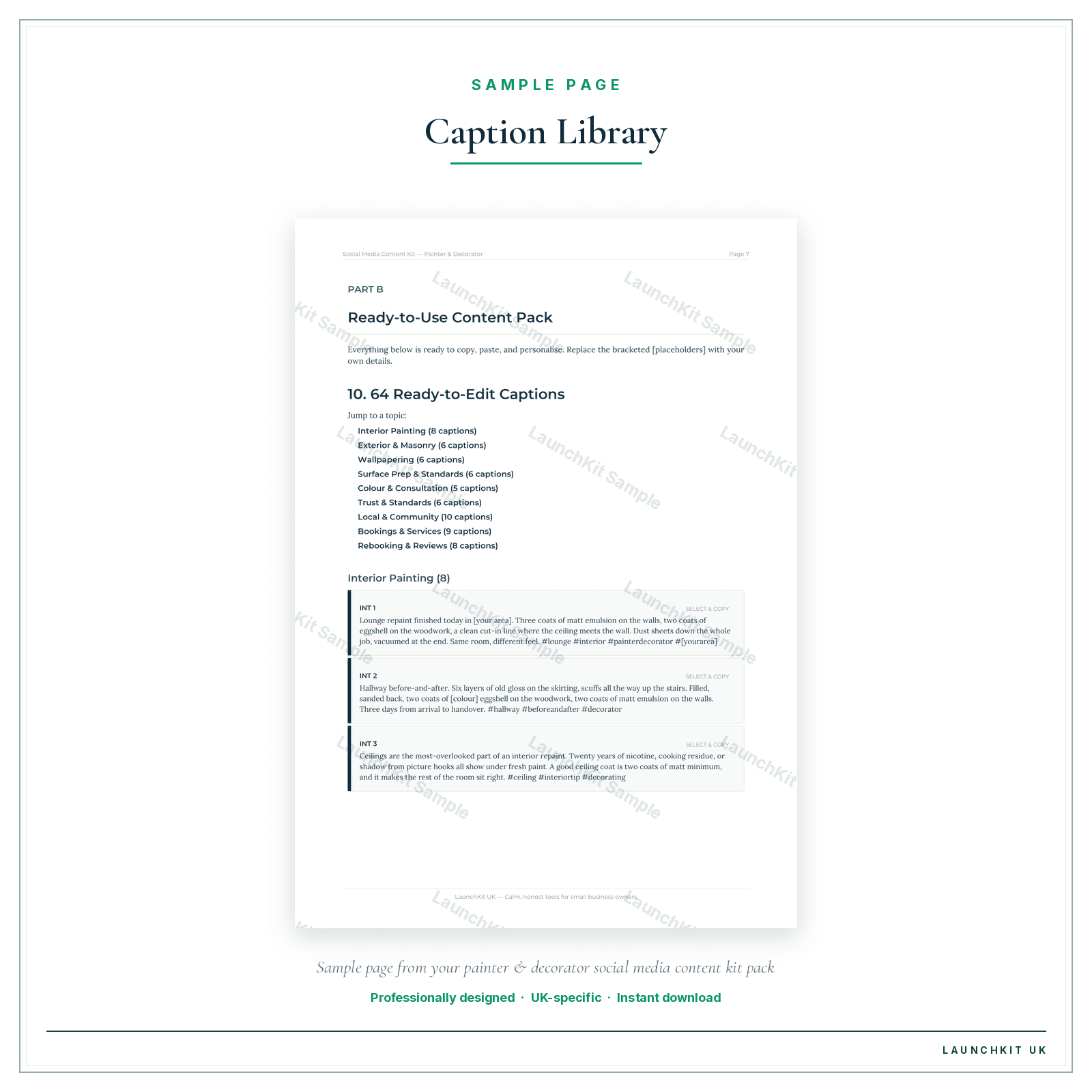 Caption Library sample page from the Painter Decorator Social Media Content Kit pack — watermarked LaunchKit Sample