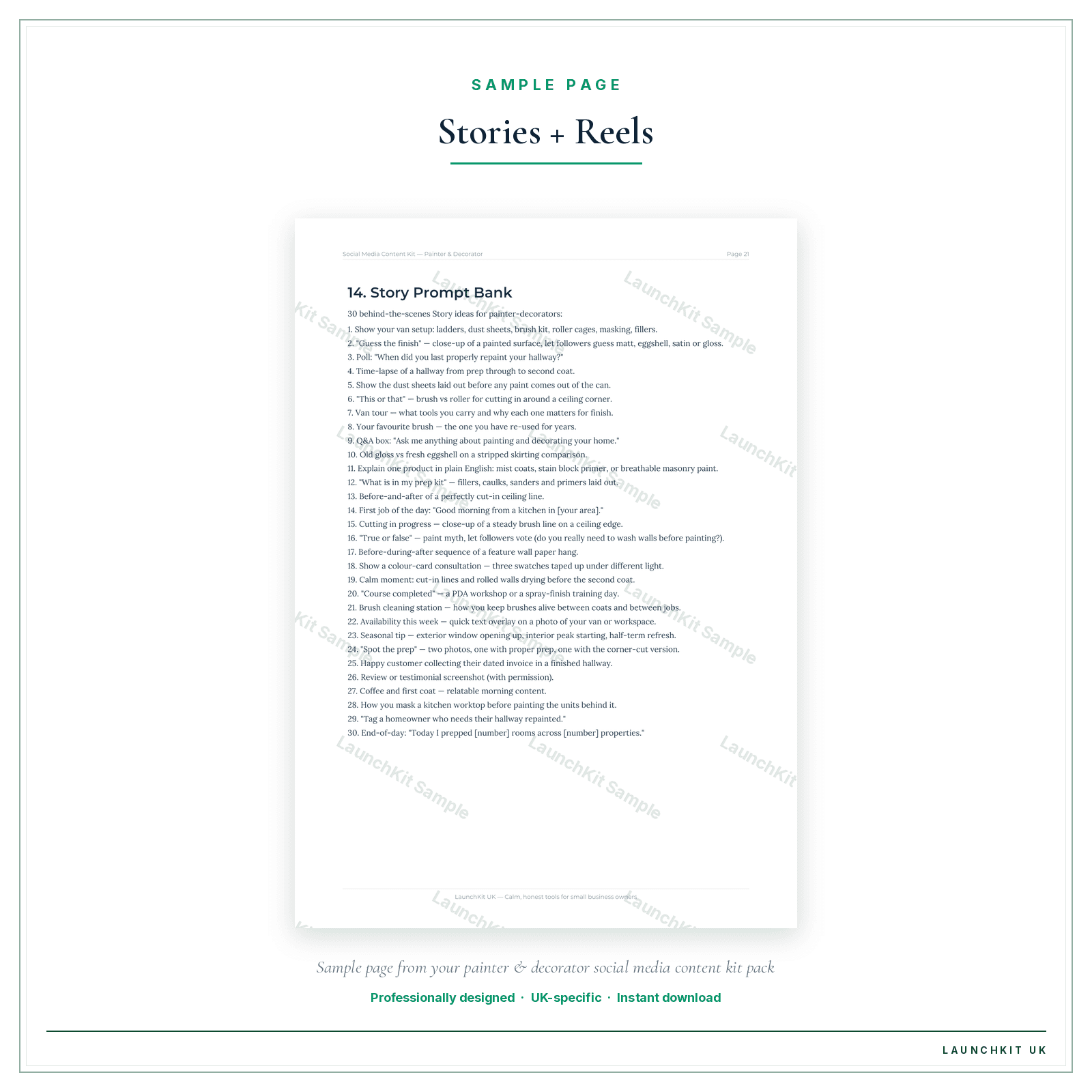 Stories + Reels sample page from the Painter Decorator Social Media Content Kit pack — watermarked LaunchKit Sample