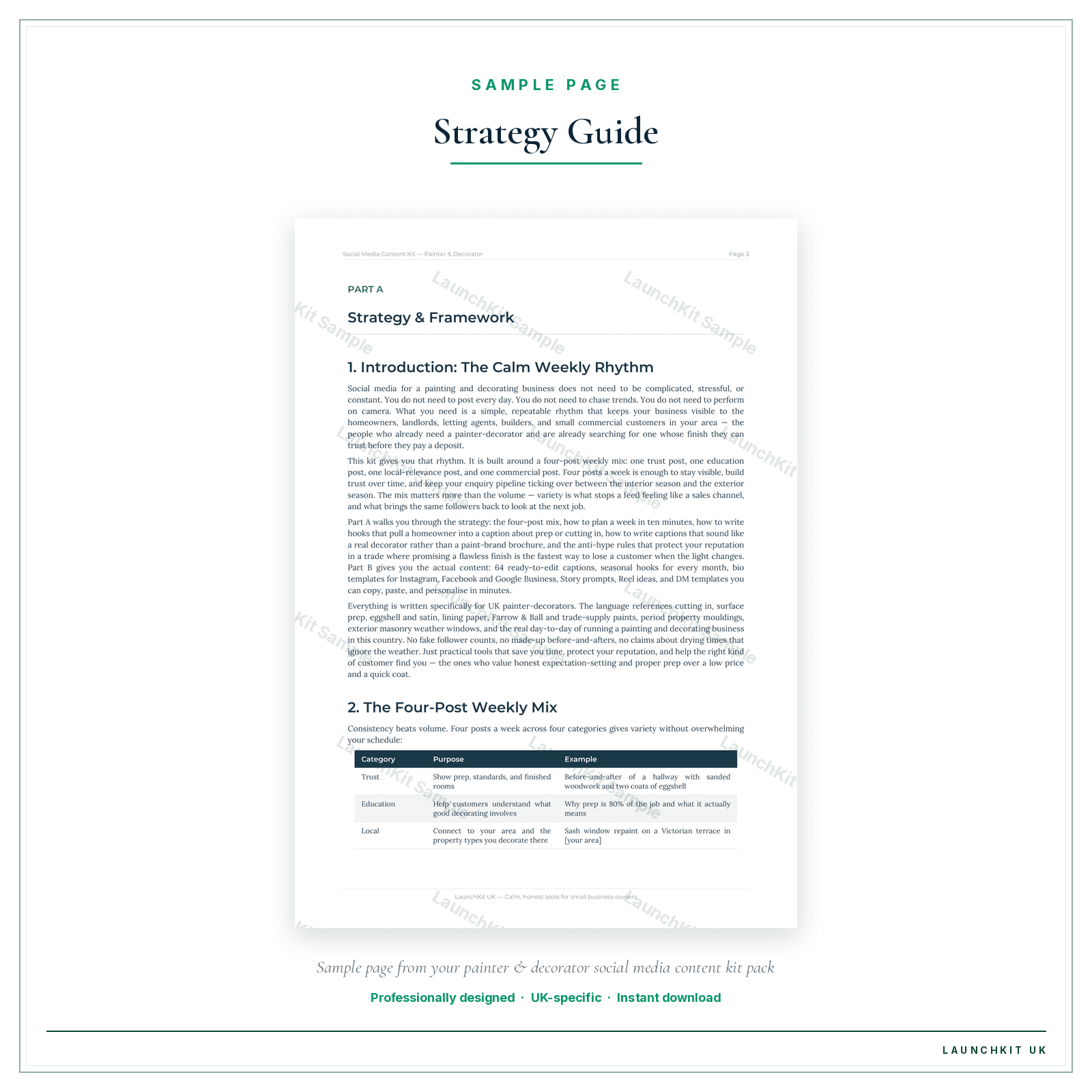 Strategy Guide sample page from the Painter Decorator Social Media Content Kit pack — watermarked LaunchKit Sample