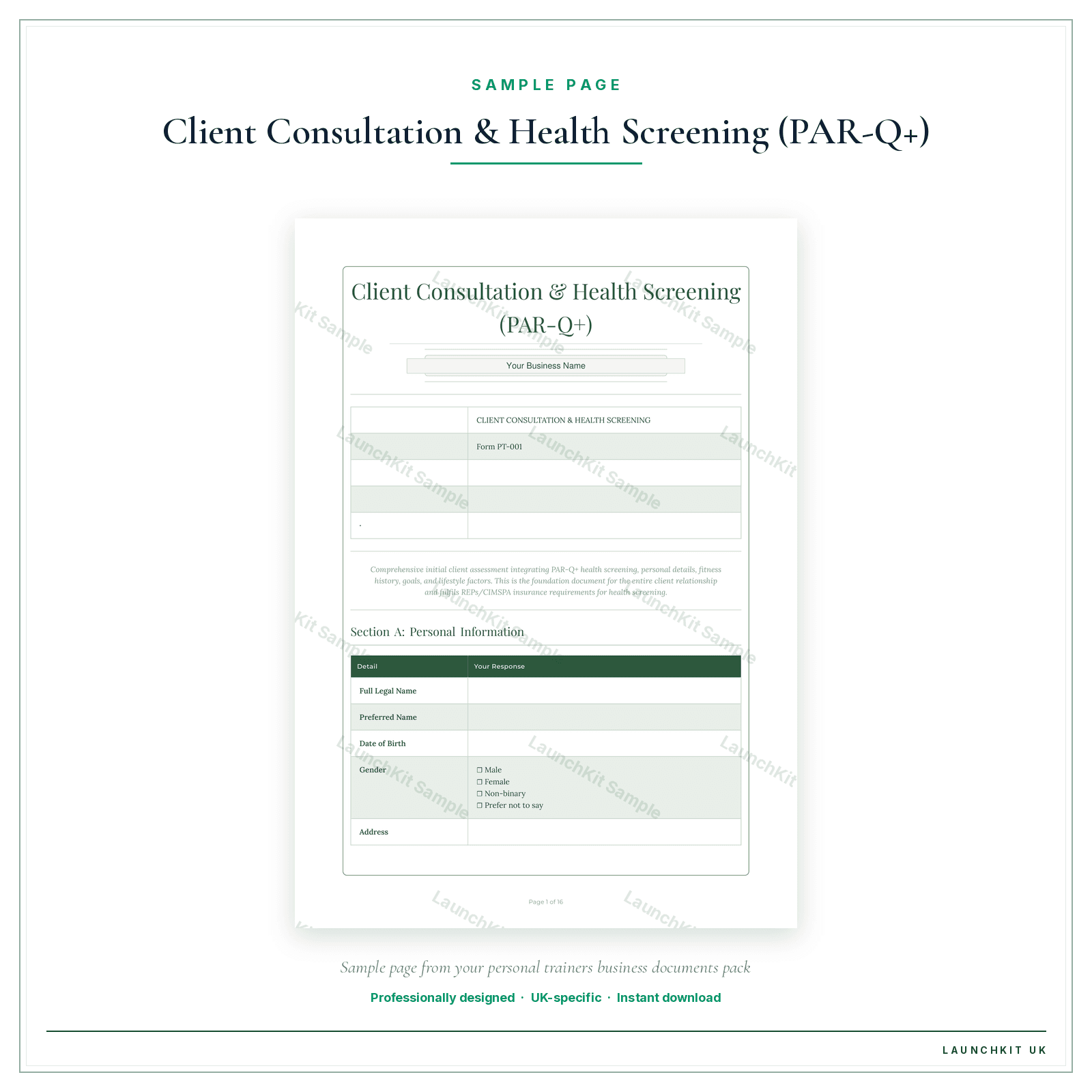 Client Consultation & Health Screening (PAR-Q+) sample page from the Personal Trainers Business Documents — Premium pack — watermarked LaunchKit Sample