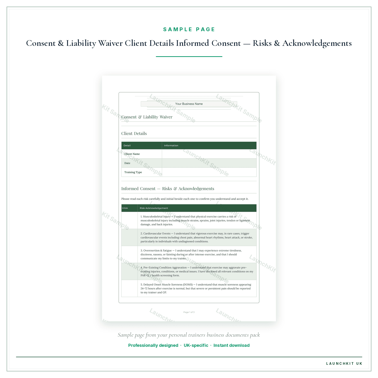 Informed Consent Liability Waiver sample page from the Personal Trainers Business Documents — Premium pack — watermarked LaunchKit Sample