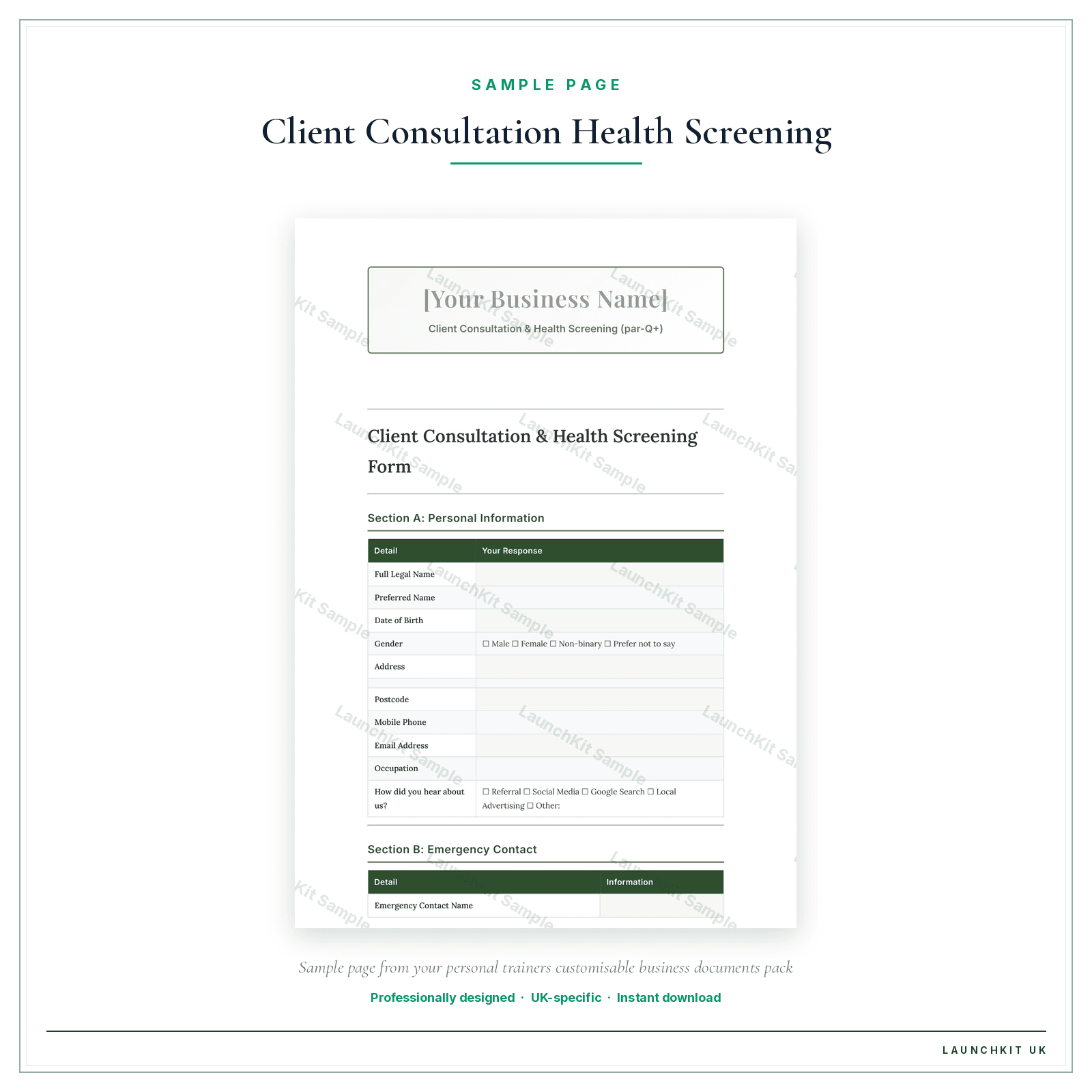 Client Consultation & Health Screening (PAR-Q+) sample page from the Personal Trainers Business Documents — Customisable pack — watermarked LaunchKit Sample