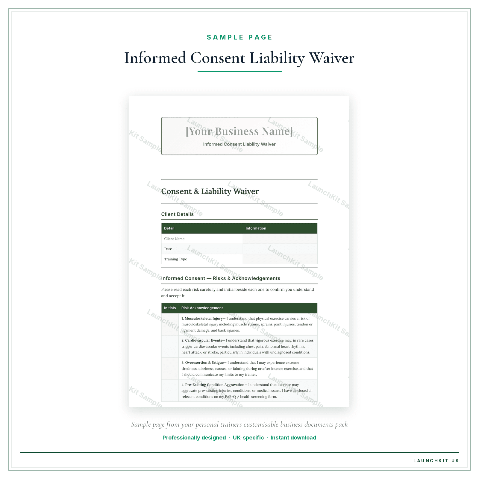 Informed Consent Liability Waiver sample page from the Personal Trainers Business Documents — Customisable pack — watermarked LaunchKit Sample