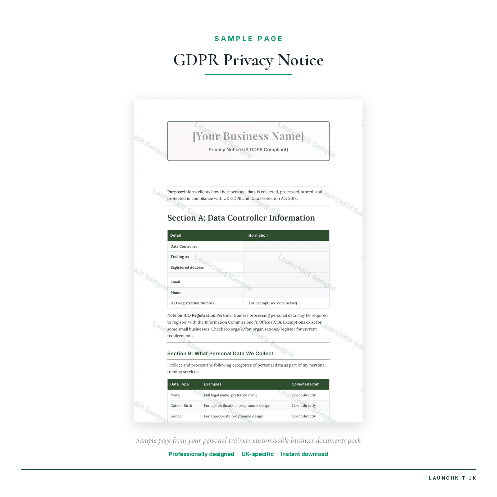 Privacy Notice (UK GDPR Compliant) sample page from the Personal Trainers Business Documents — Customisable pack — watermarked LaunchKit Sample