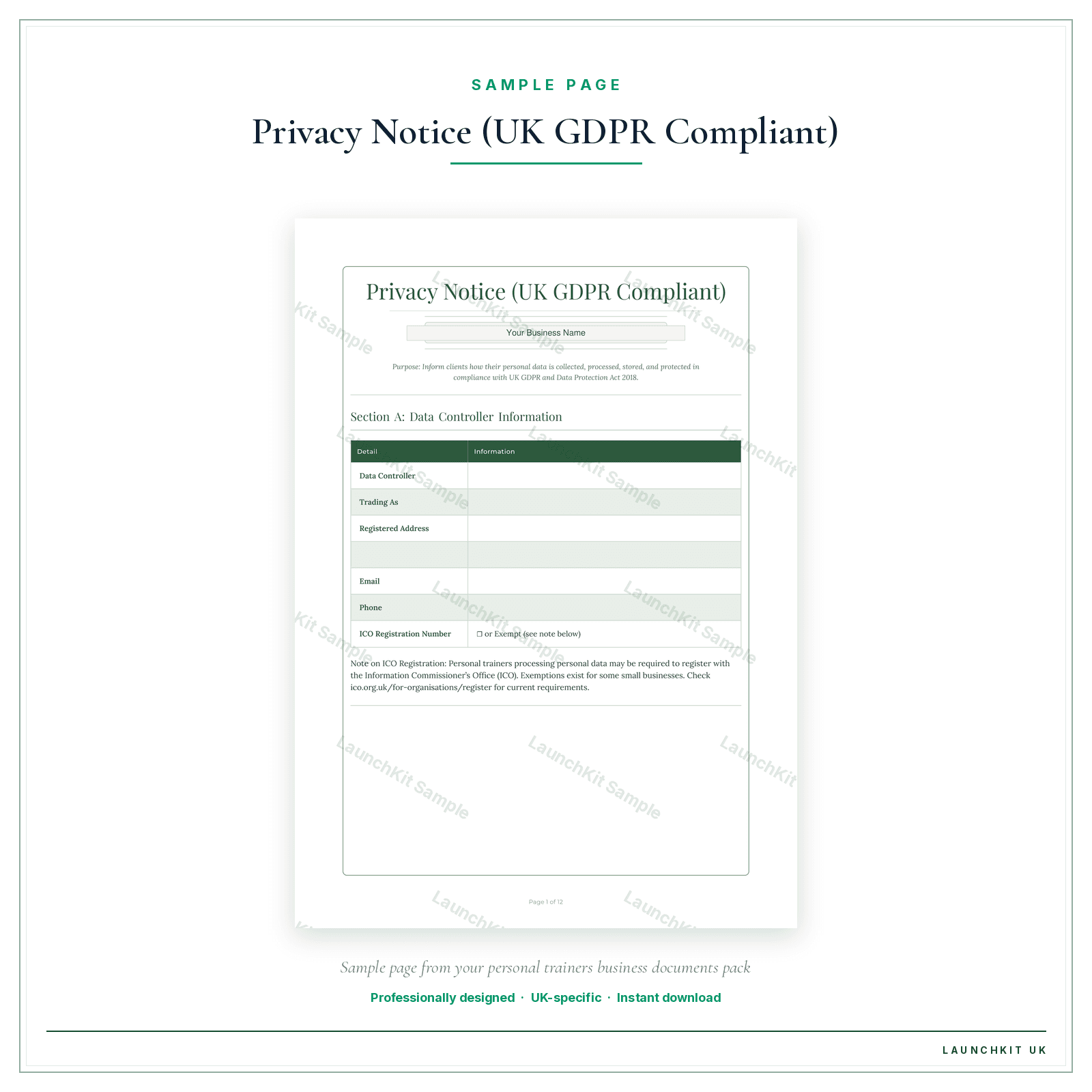 Privacy Notice (UK GDPR Compliant) sample page from the Personal Trainers Business Documents — Standard pack — watermarked LaunchKit Sample