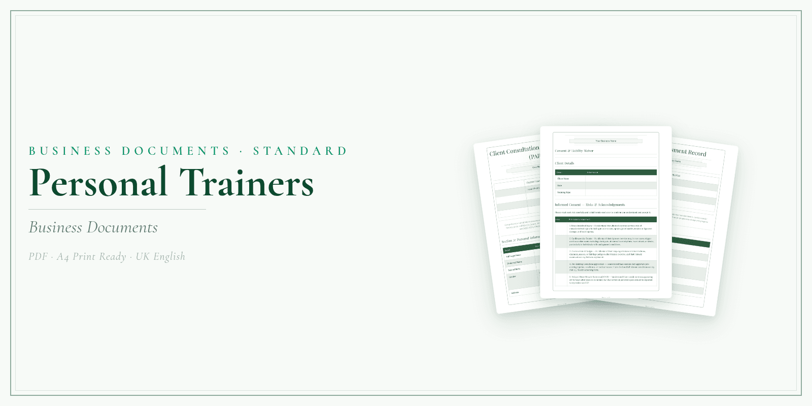 Personal Trainers — Business Documents — Standard, PDF with fillable header product overview