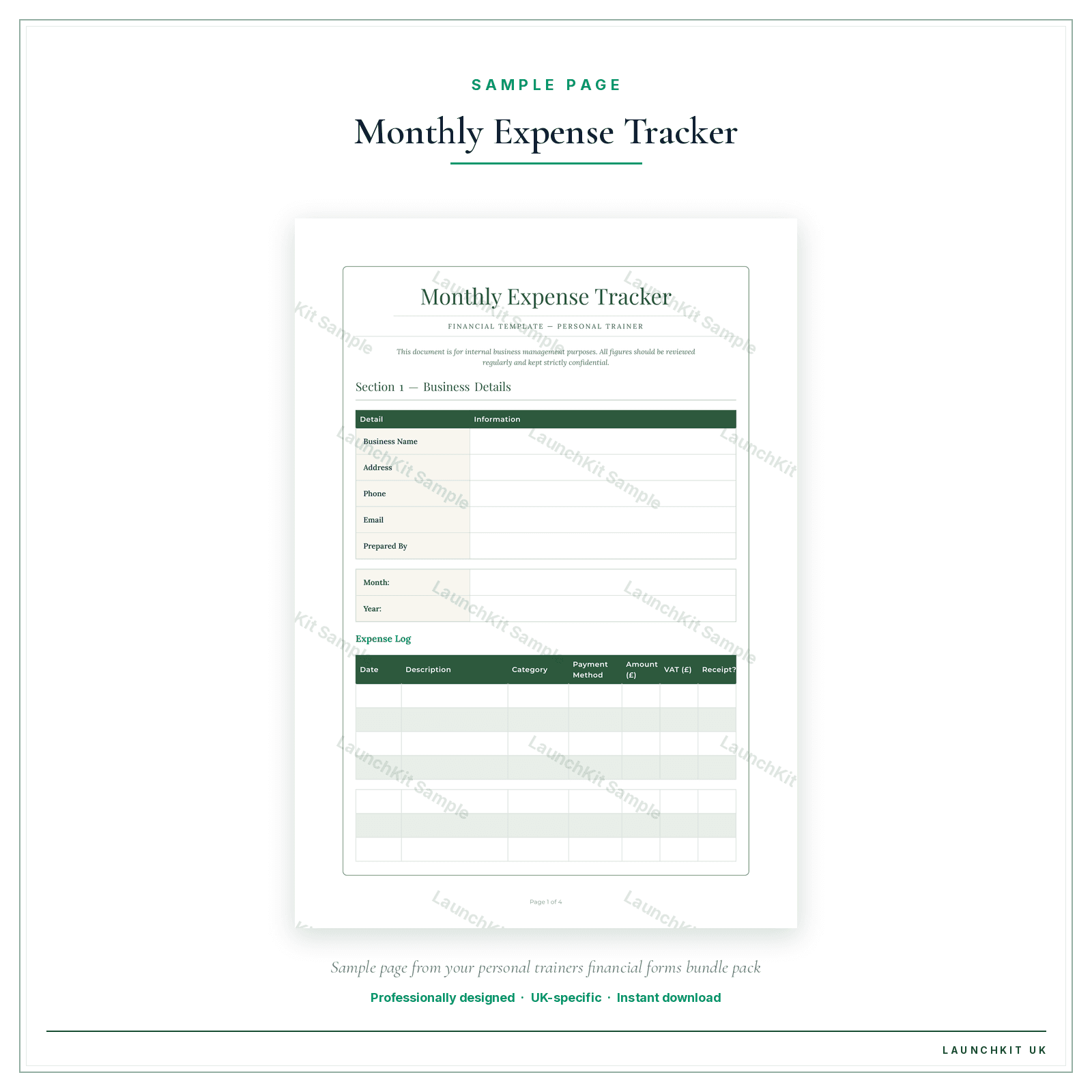 Monthly Expense Tracker sample page from the Personal Trainers Financial Forms Bundle — Premium pack — watermarked LaunchKit Sample