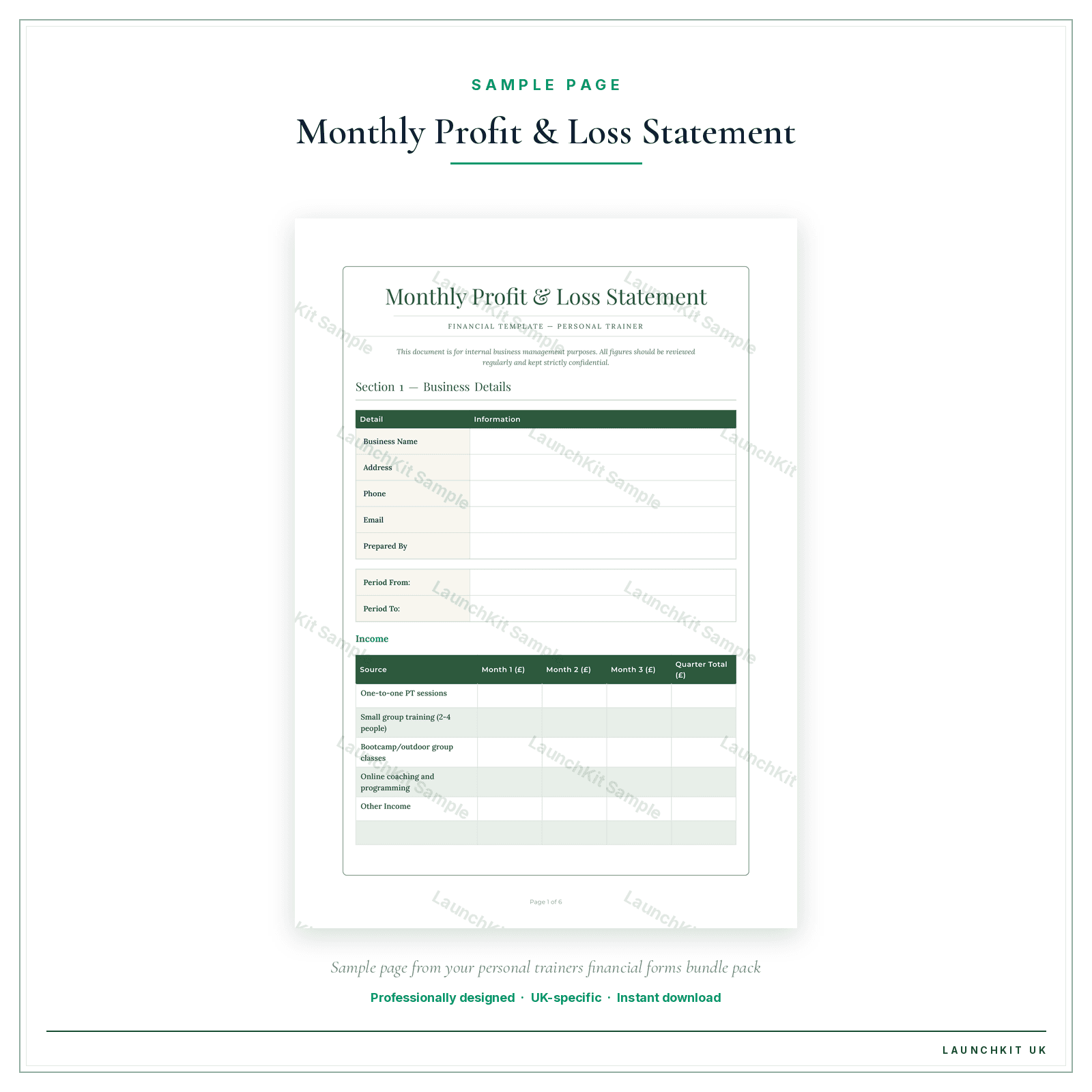 Monthly Profit & Loss Statement sample page from the Personal Trainers Financial Forms Bundle — Premium pack — watermarked LaunchKit Sample