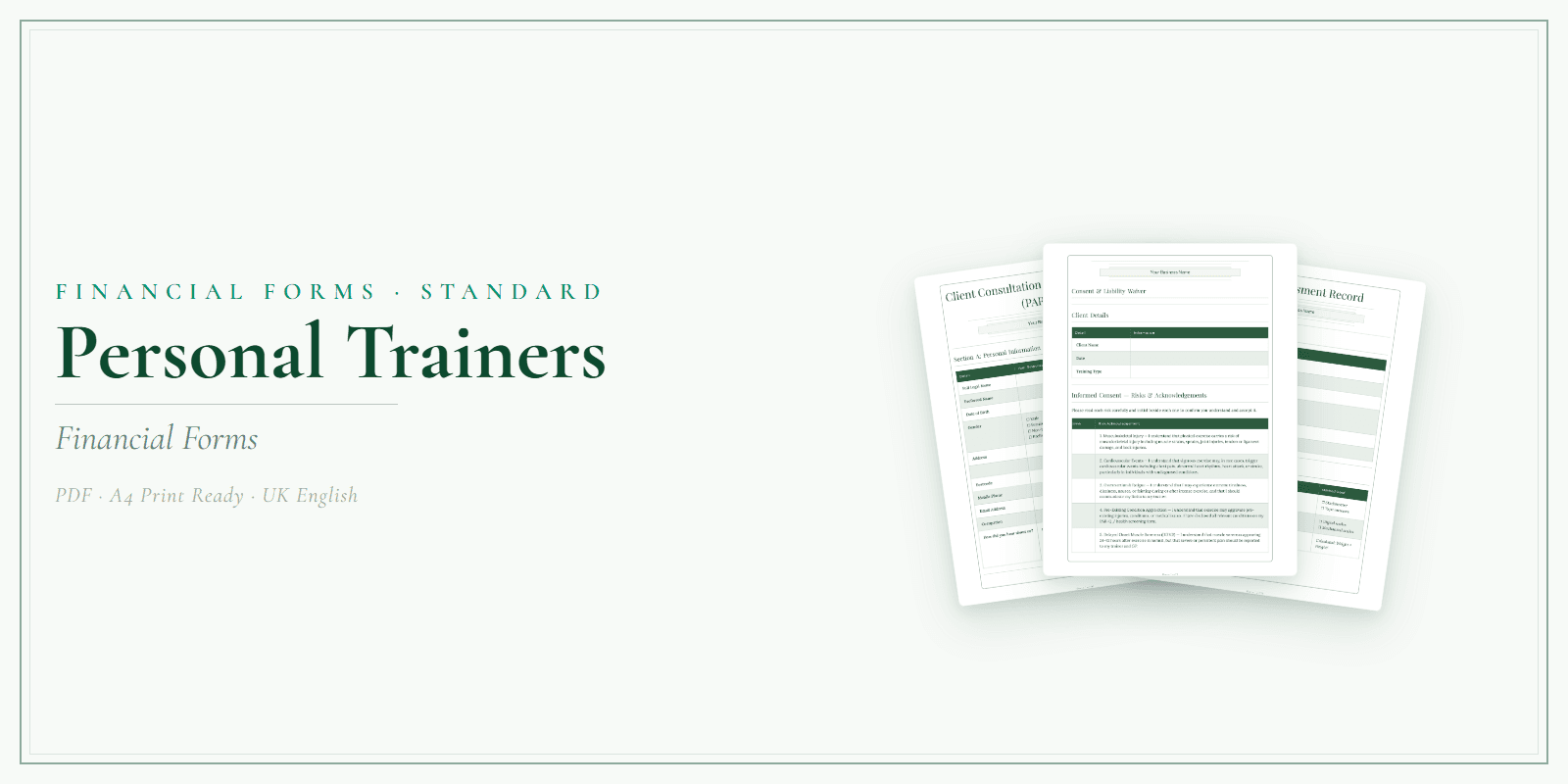 Personal Trainers — Financial Forms Bundle — Standard, PDF with fillable header product overview