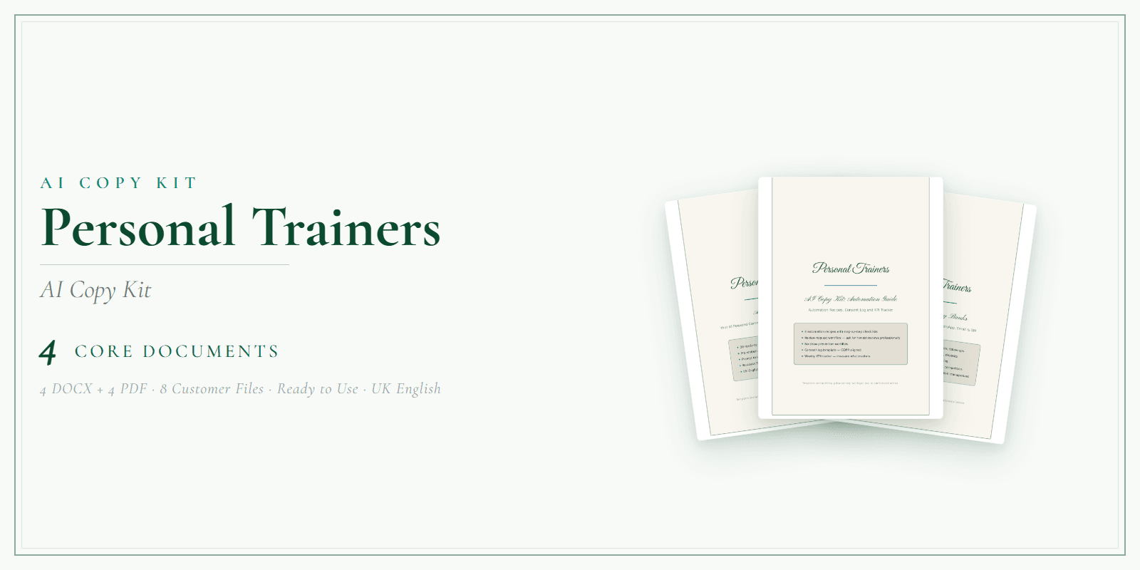 Personal Trainers — AI Copy Kit, PDF and editable DOCX product overview