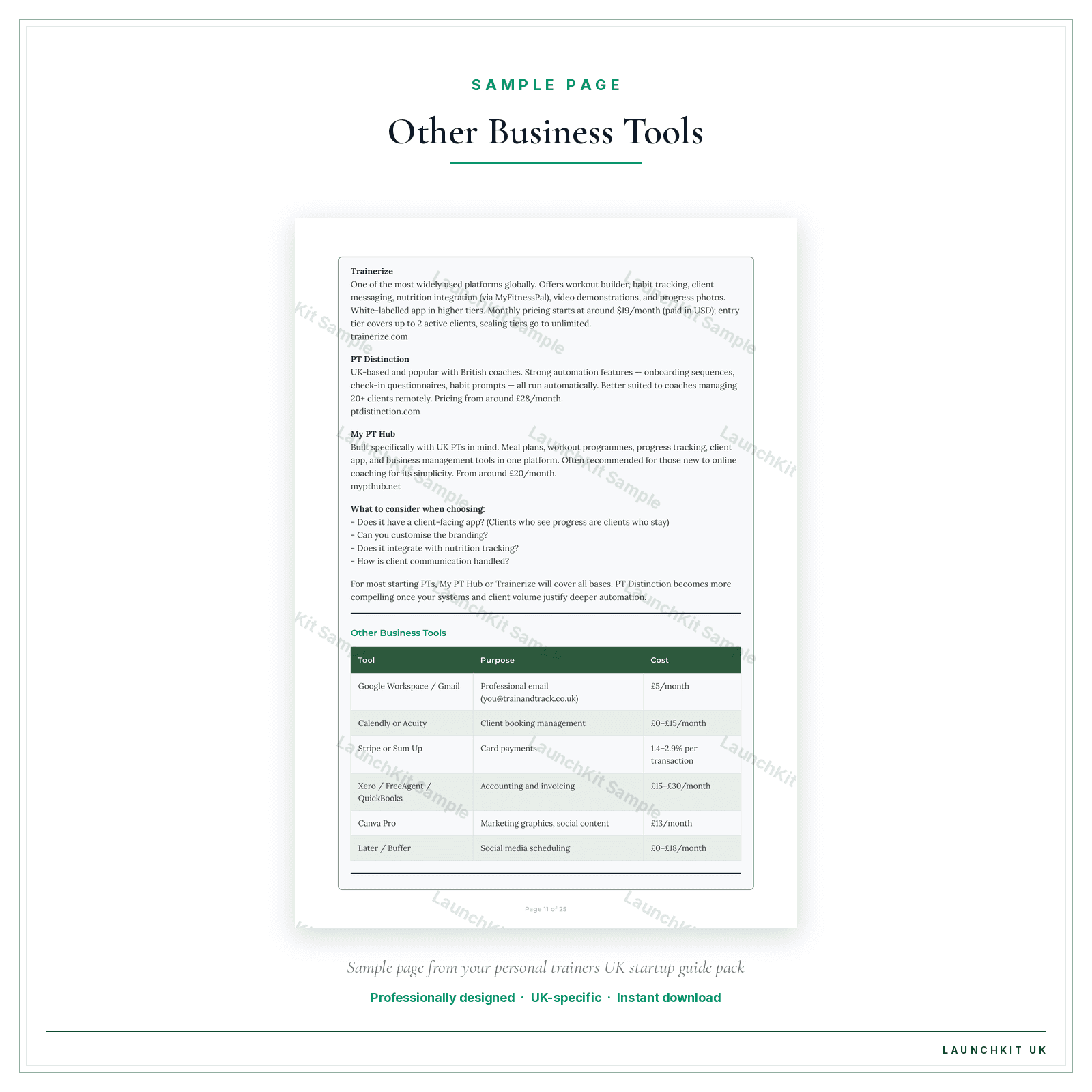 Other Business Tools sample page from the Personal Trainers Startup Guide pack — watermarked LaunchKit Sample