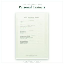 Personal Trainers — Price List & Service Menu, PDF product preview