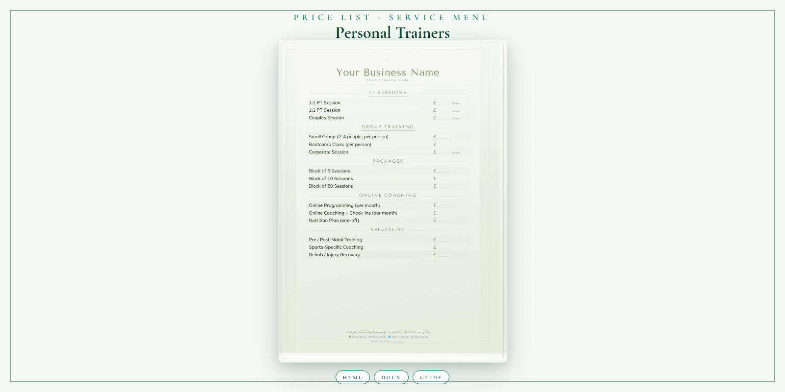 Personal Trainers — Price List & Service Menu, PDF product overview